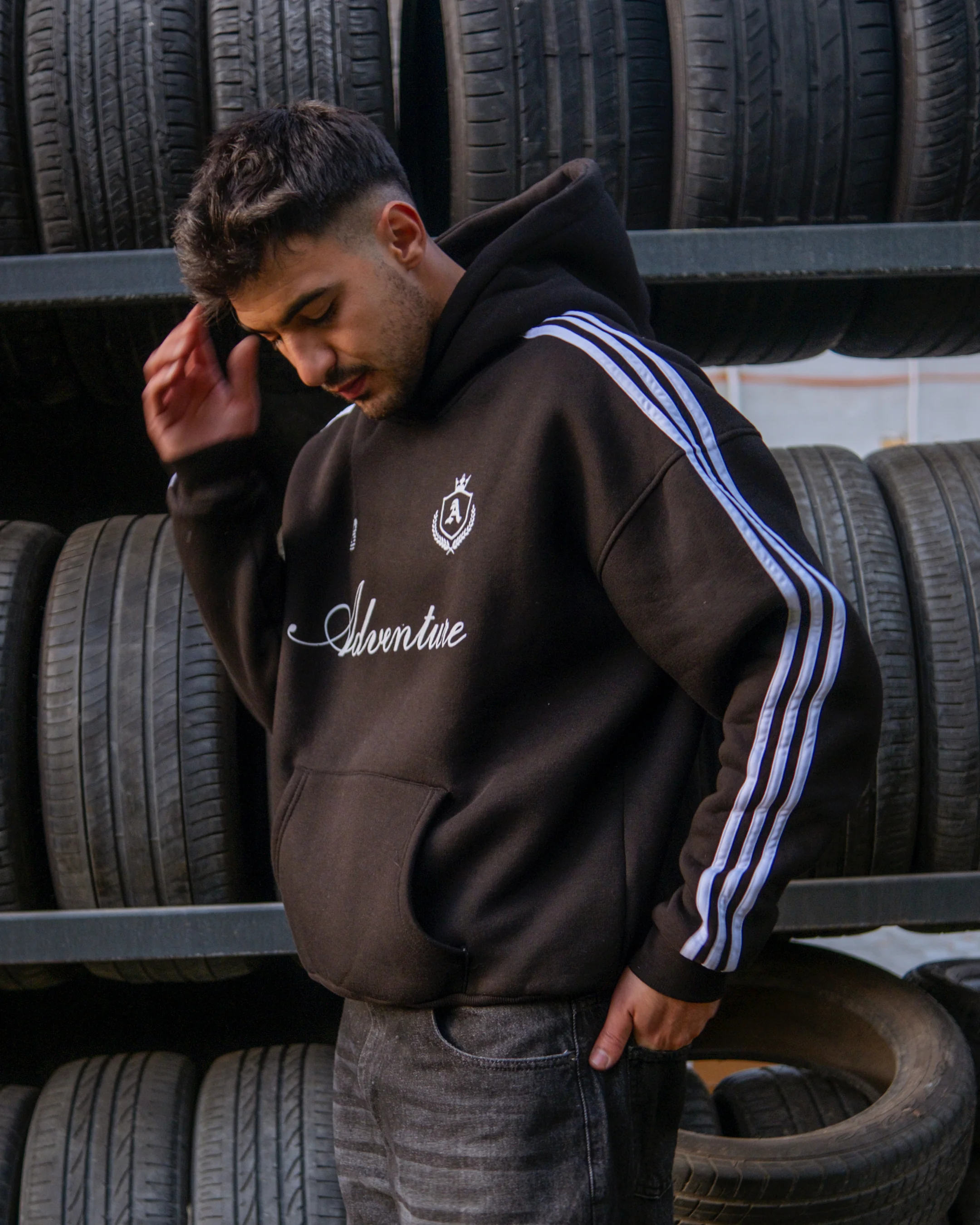 Adventure Çizgili Oversize Hoodie Siyah