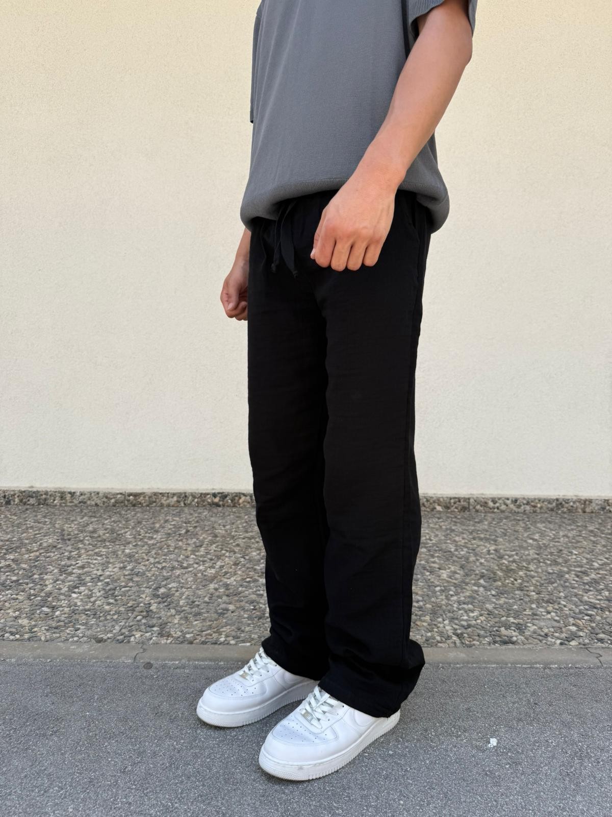 Siyah Unisex Straight Muslin Pantolon