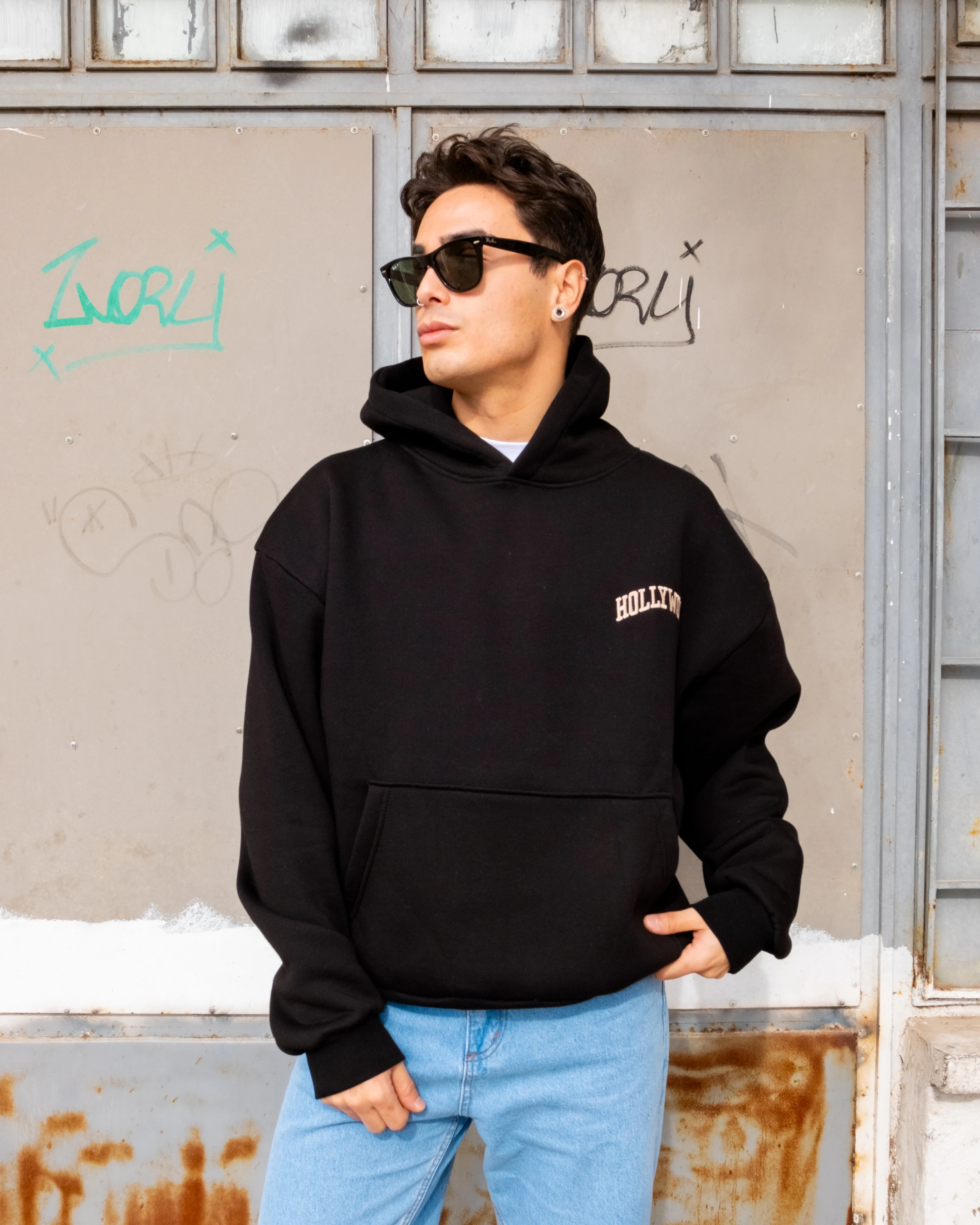 Hollywood Nakışlı Boxy Oversize Hoodie