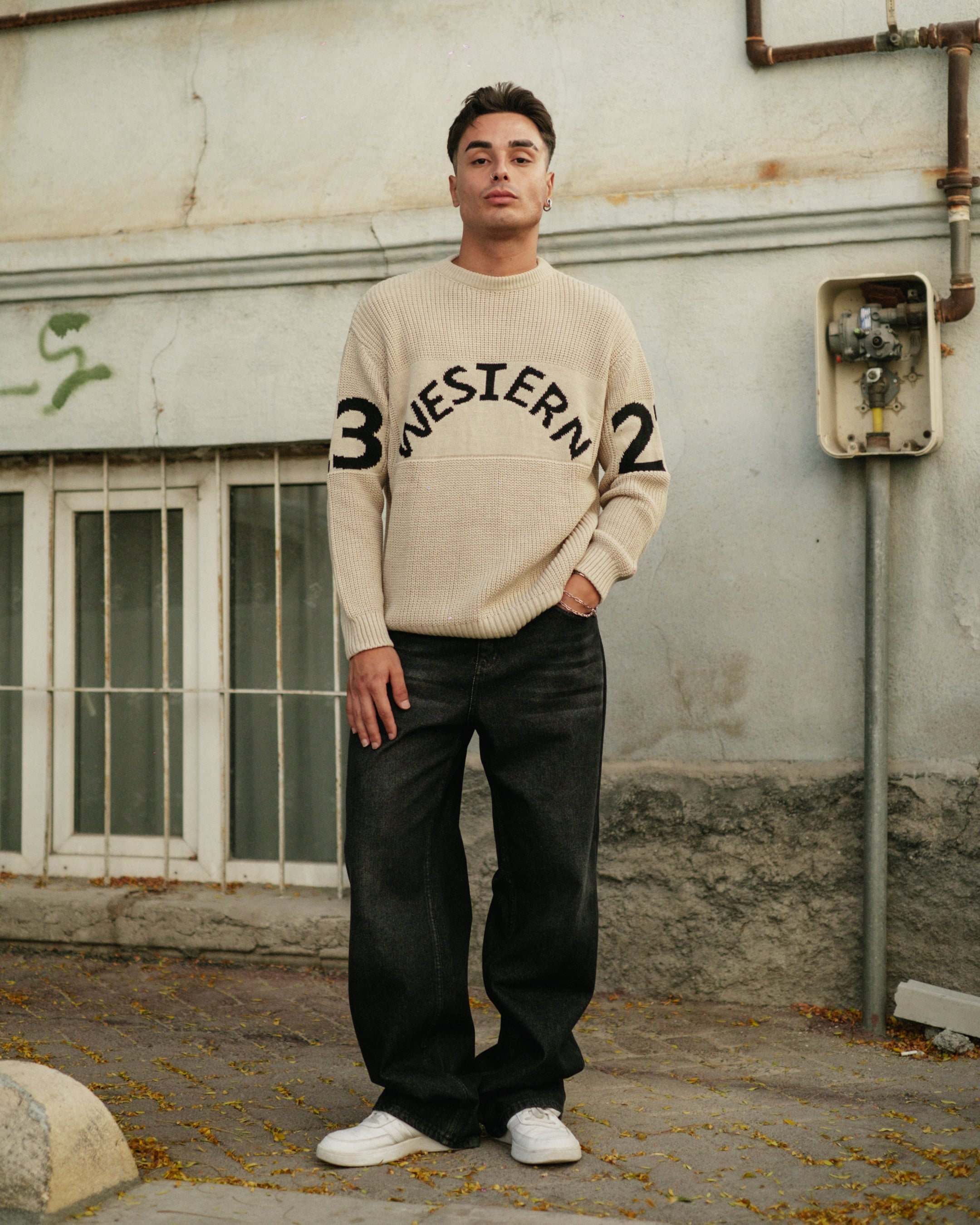Western Nakışlı Premium Oversize Triko - Bej