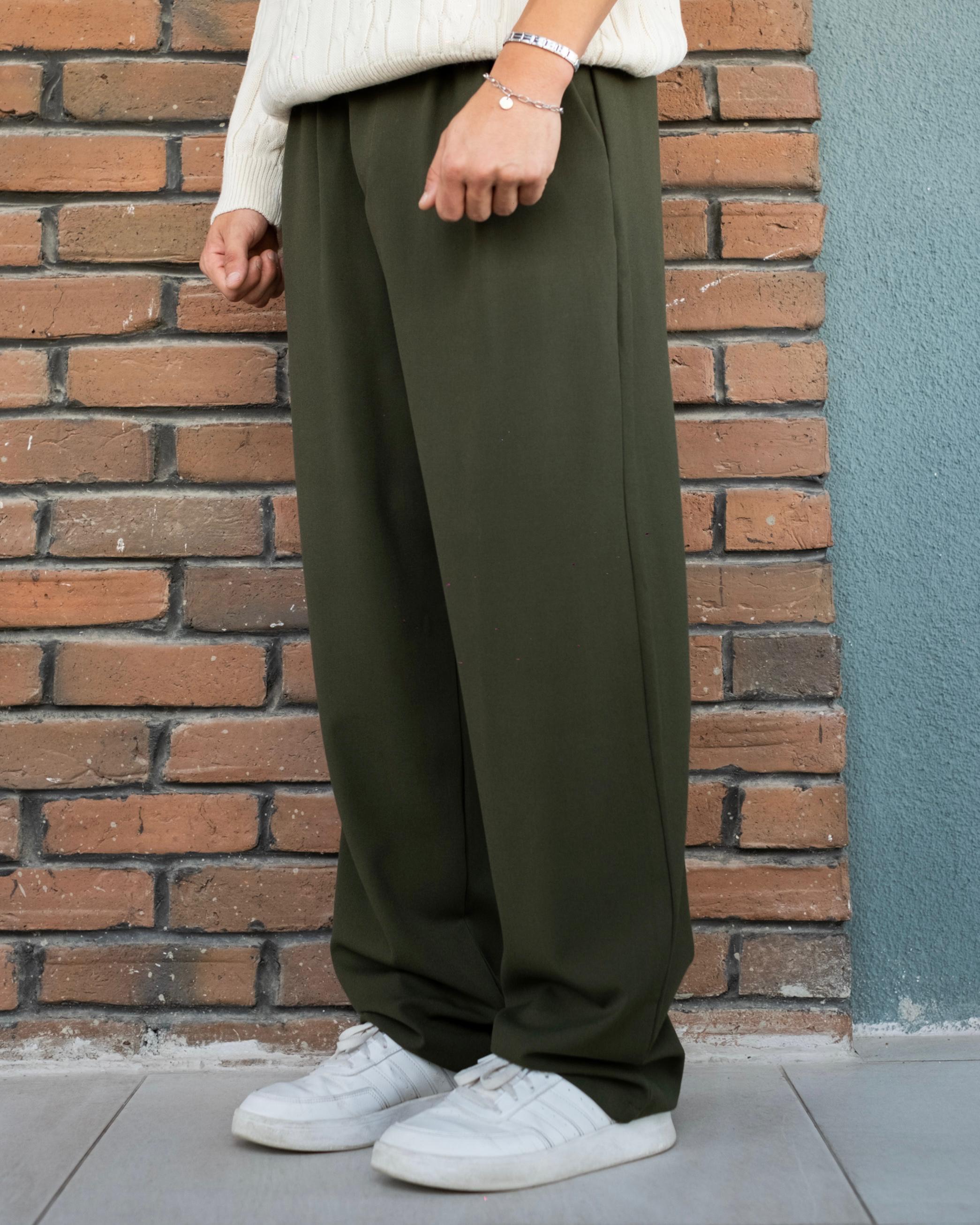 Koyu Haki Basic Baggy Kumaş Pantolon