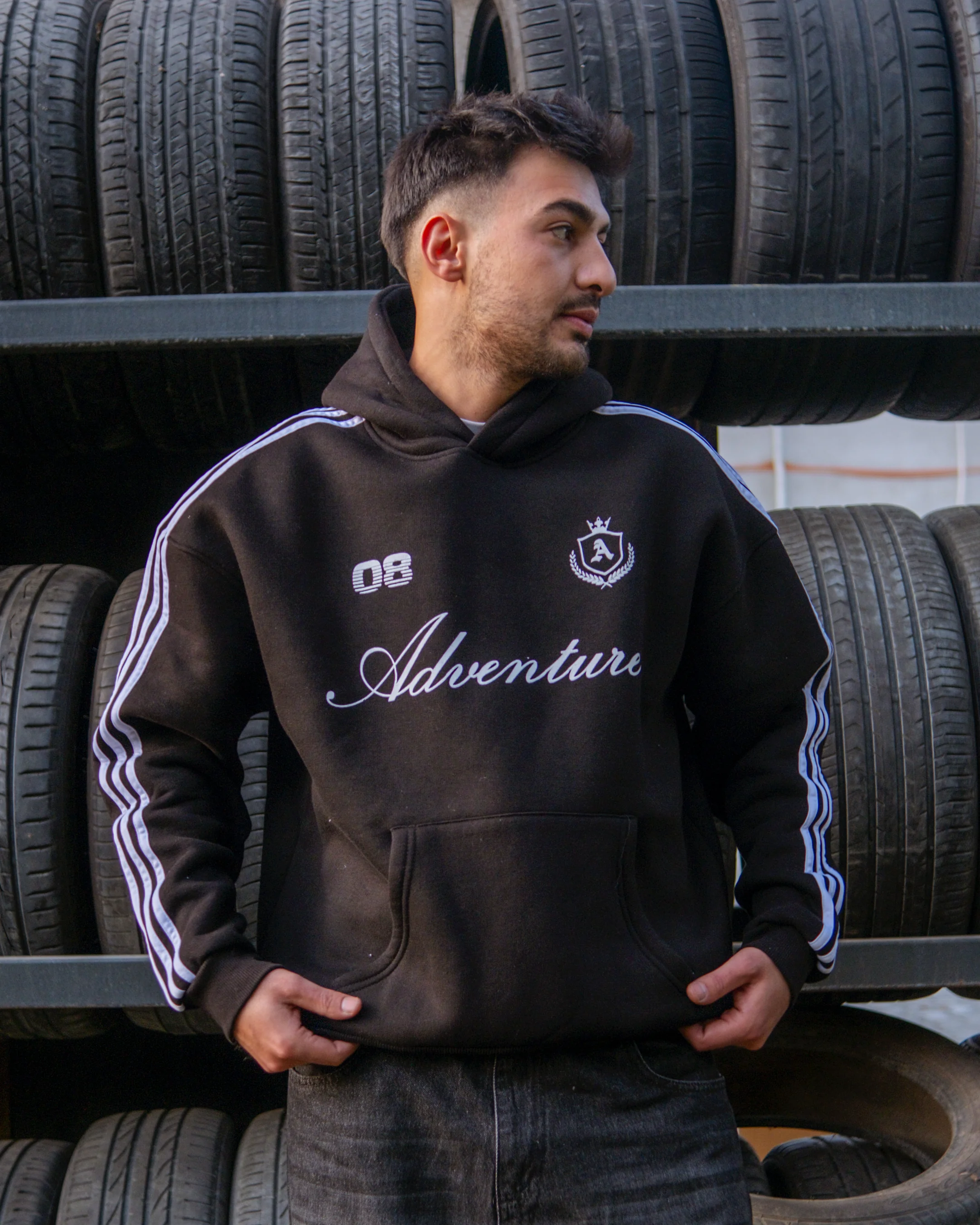 Adventure Çizgili Oversize Hoodie Siyah