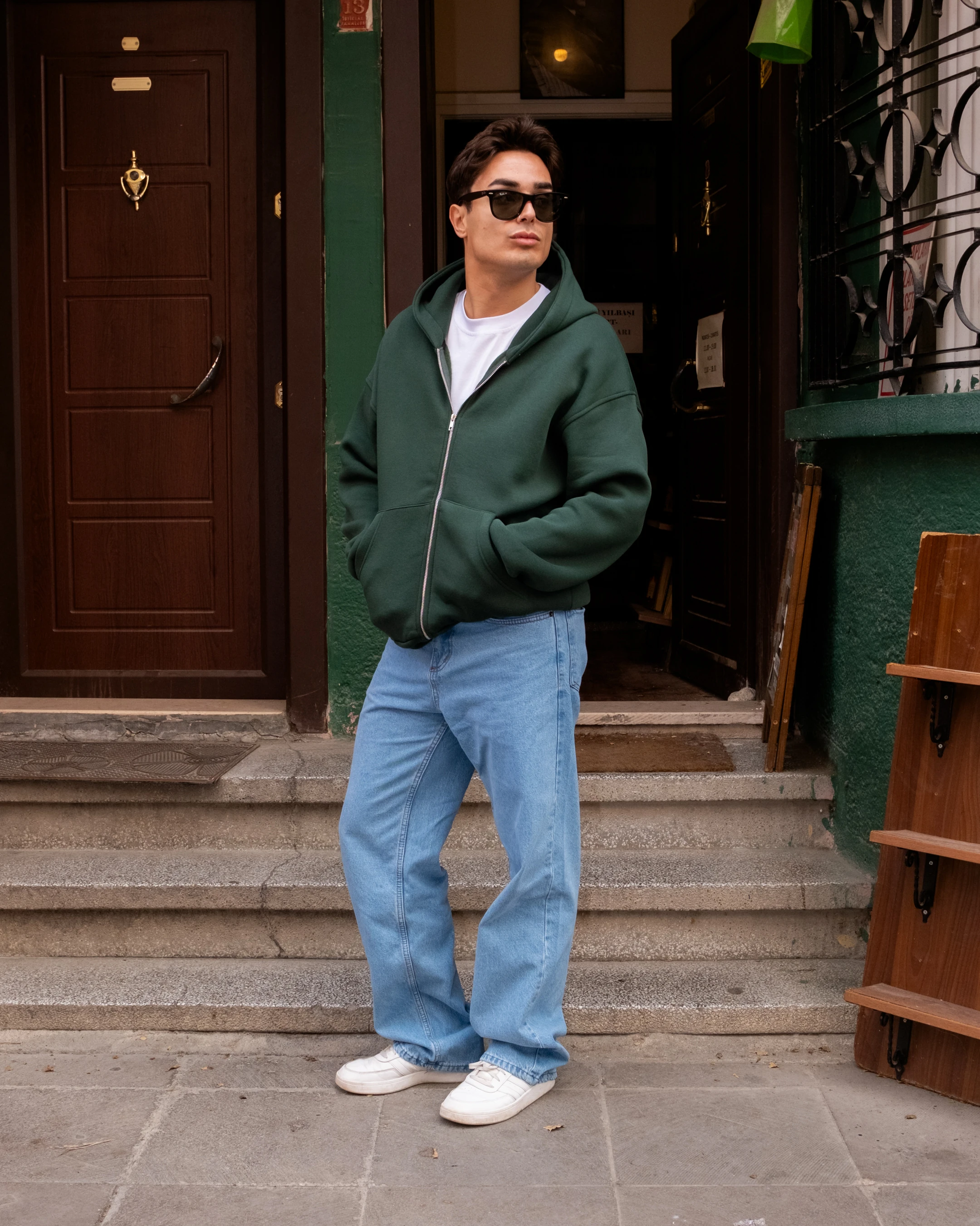 Yeşil Basic Full Zip Oversize Hoodie