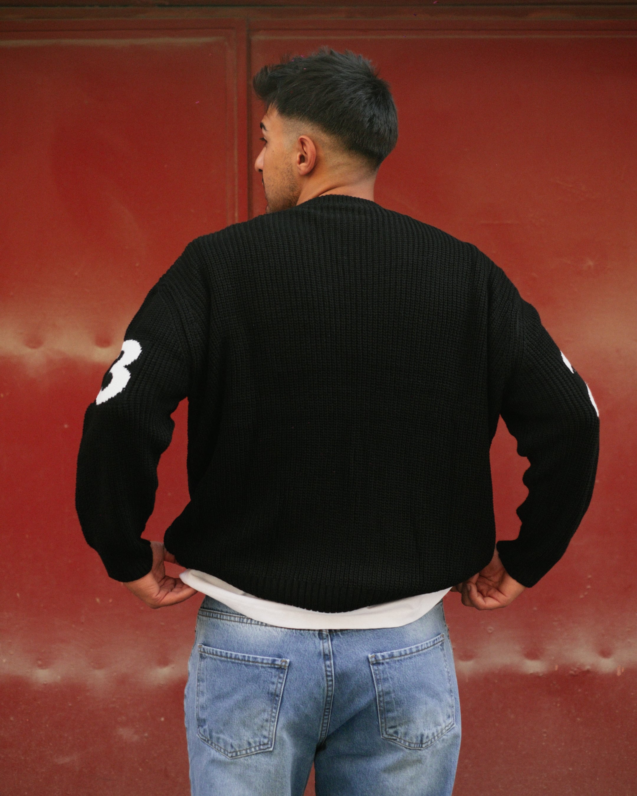 Siyah Western Nakışlı Oversize Triko