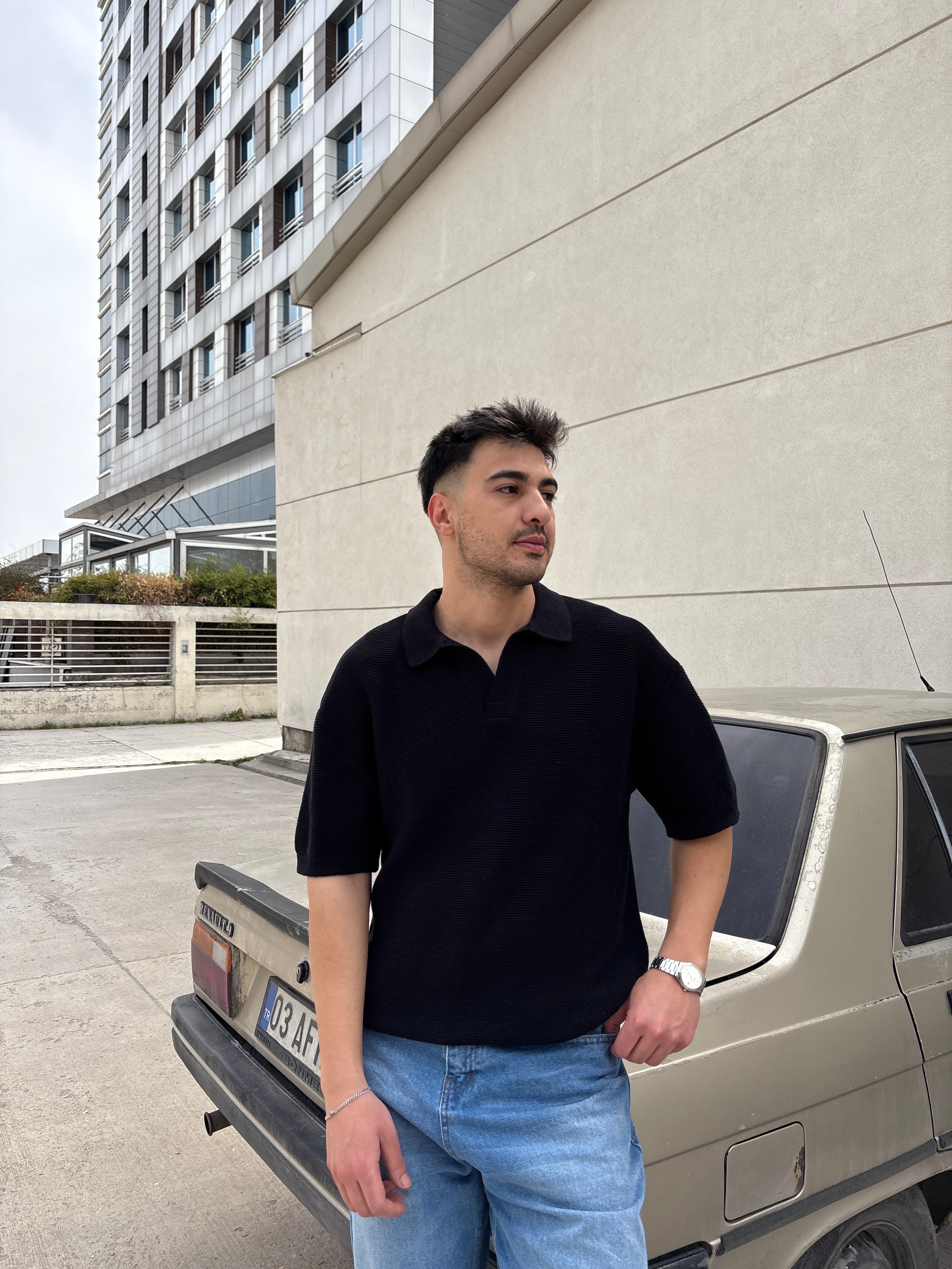 Relaxed Polo Yaka Triko T-shirt- Siyah