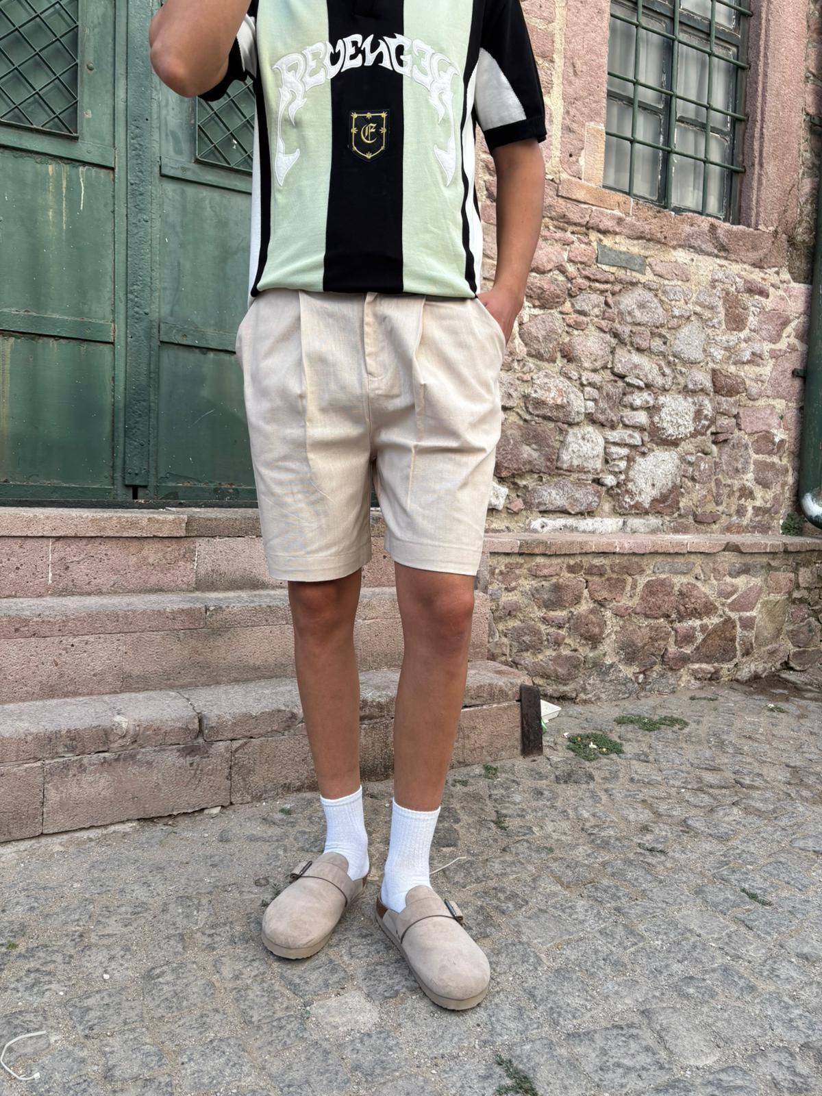 Relaxed Bej Pileli Short