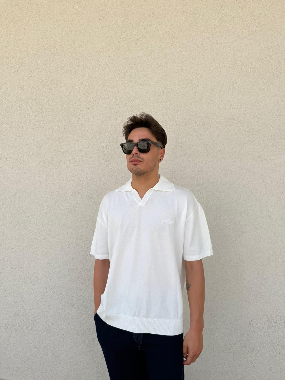 Oversize Patlı Polo Yaka Tişört - Beyaz