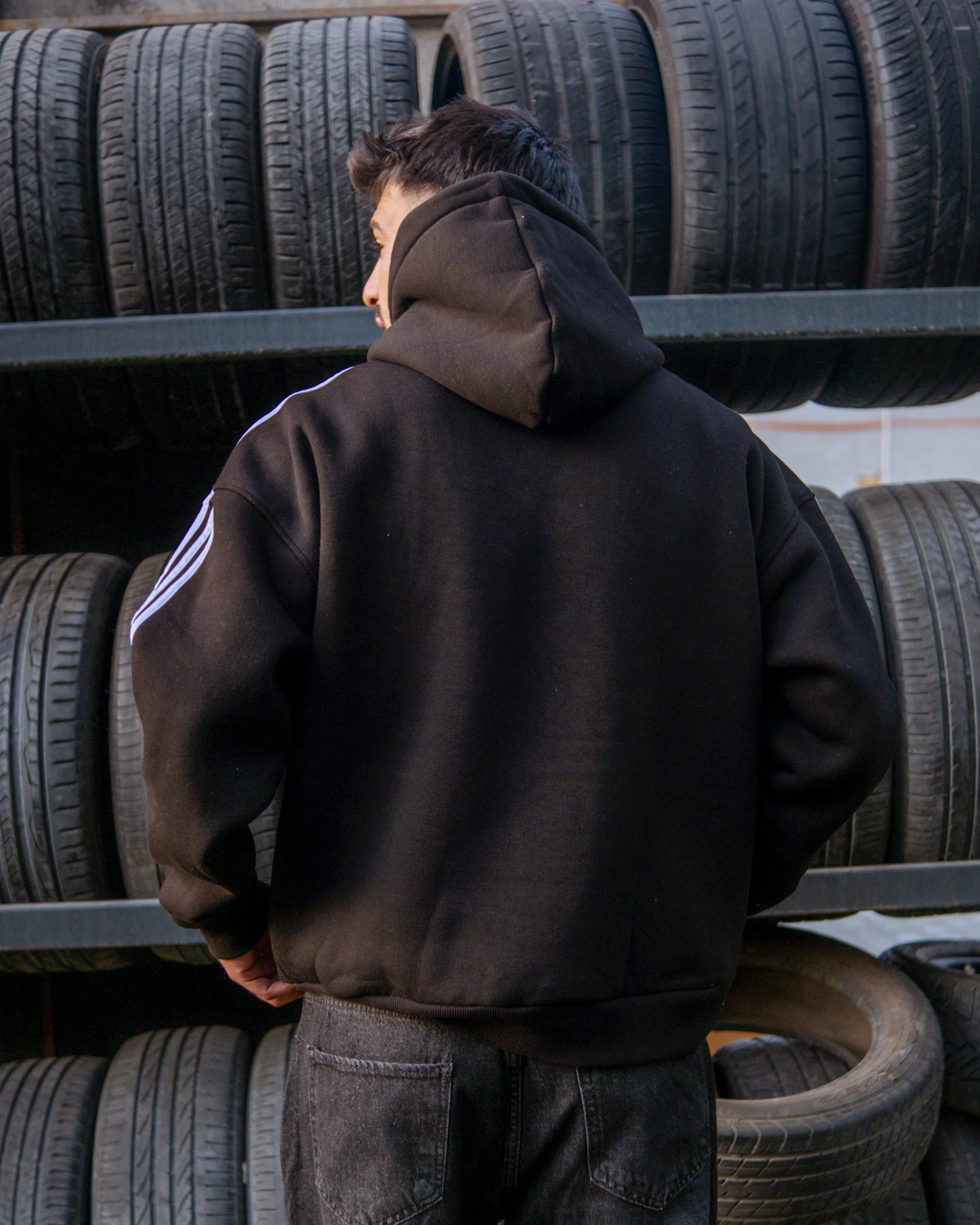 Adventure Çizgili Oversize Hoodie Siyah