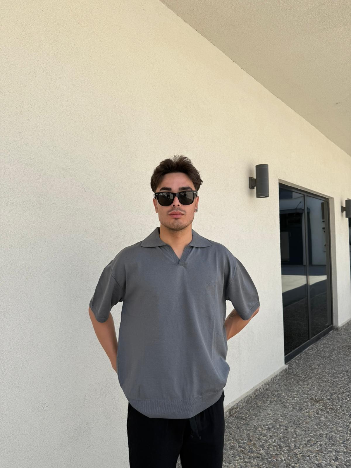 Oversize Patlı Polo Yaka Triko - Koyu Gri