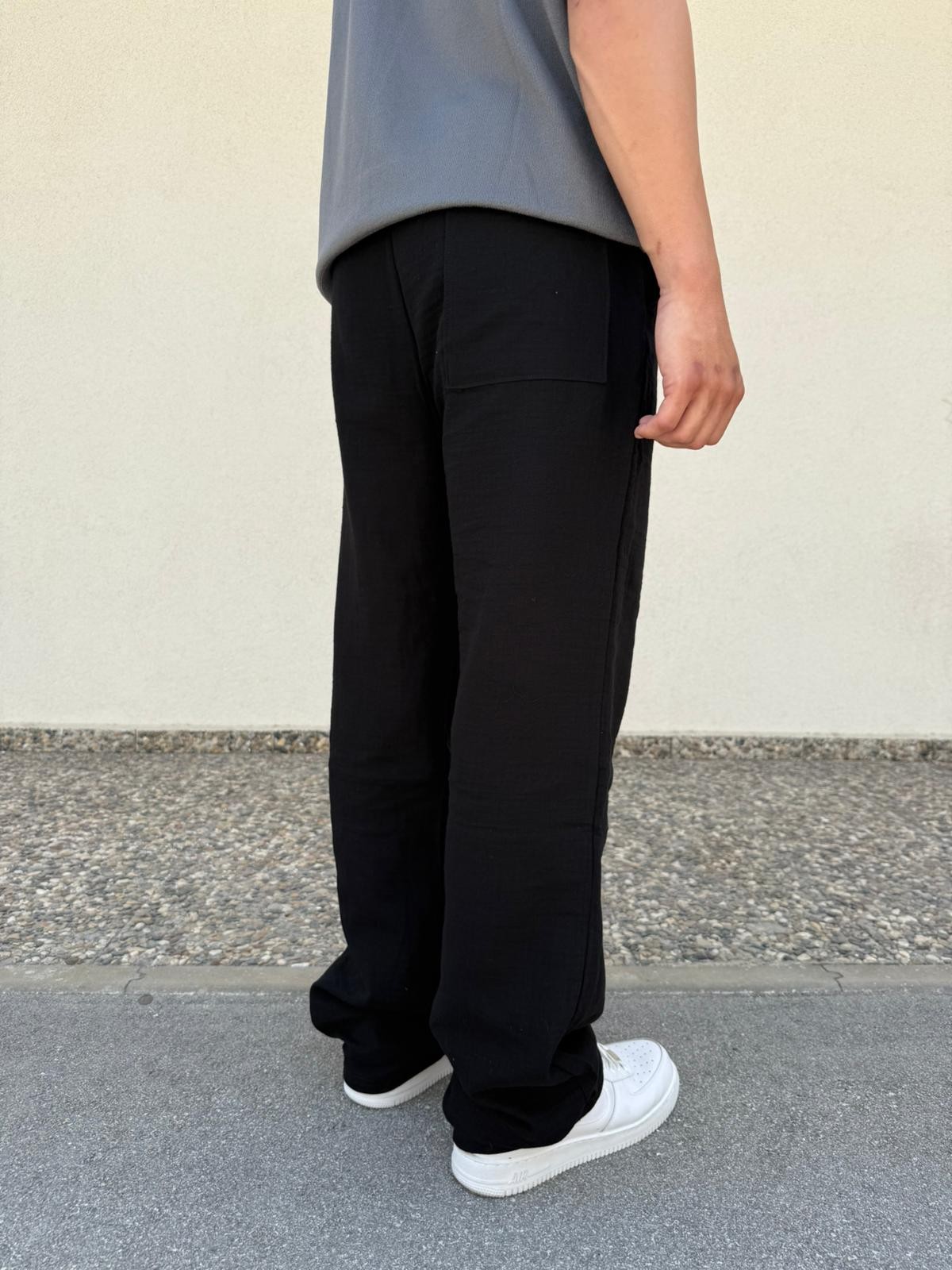 Siyah Unisex Straight Muslin Pantolon