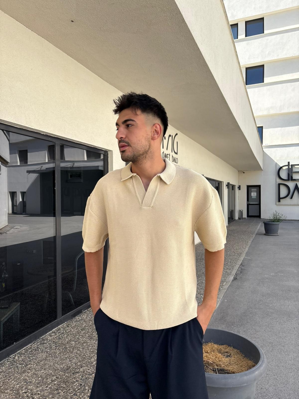 Relaxed Polo Yaka Triko T-Shirt - Bej