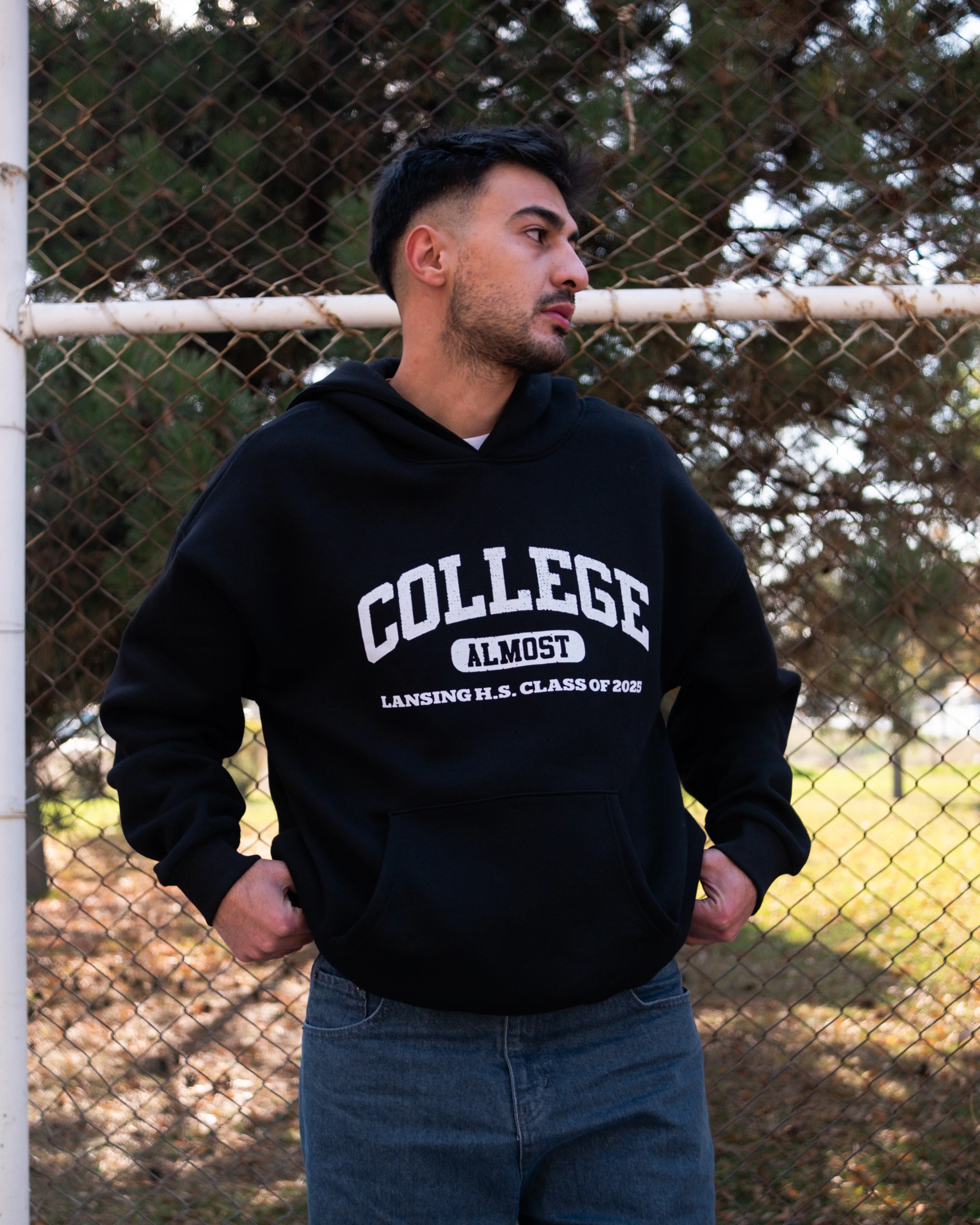 College Printed Oversized Hoodie Siyah
