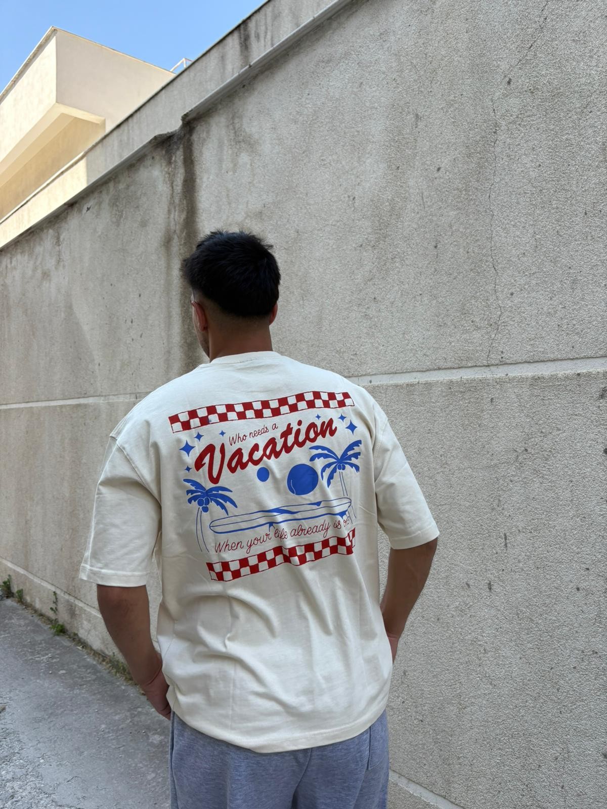 Vacation Printed Oversize T-Shirt - Krem 