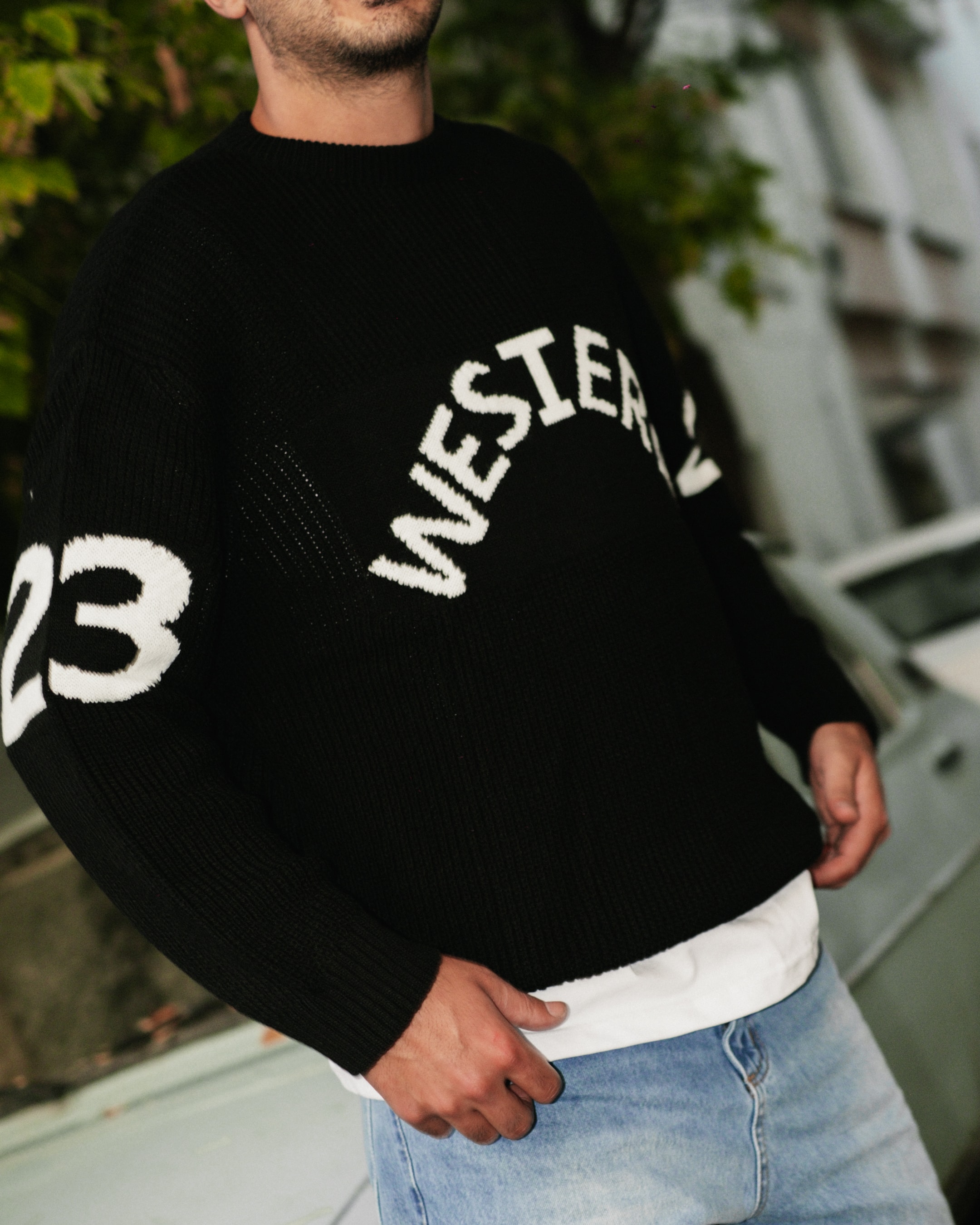 Siyah Western Nakışlı Oversize Triko