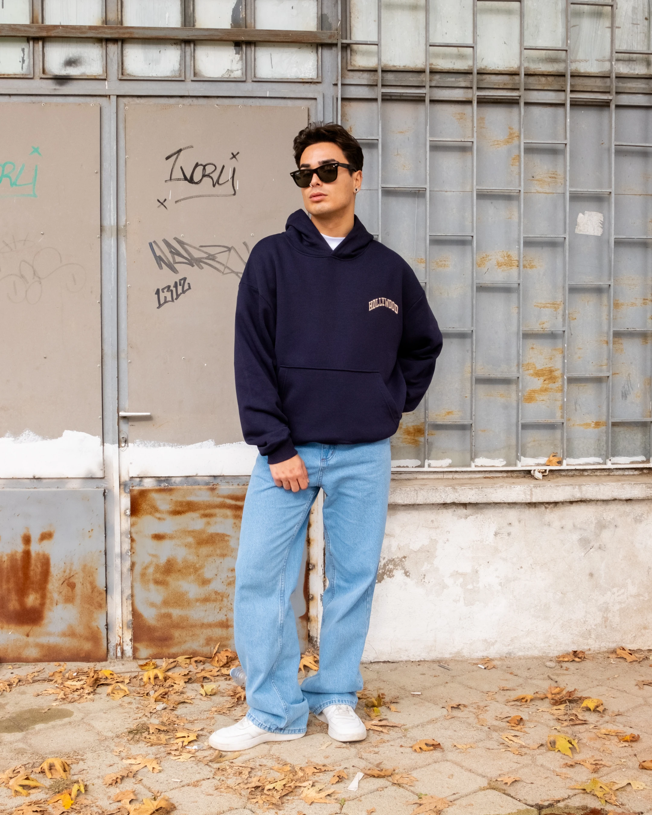 Hollywood Nakışlı Lacivert Boxy Oversize Hoodie