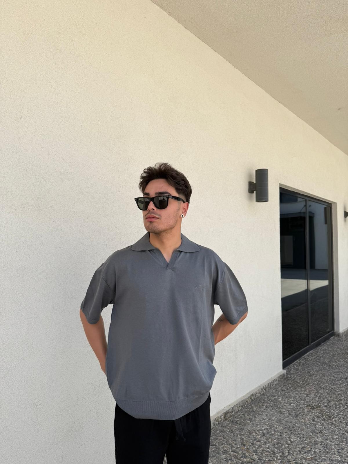 Oversize Patlı Polo Yaka Triko - Koyu Gri