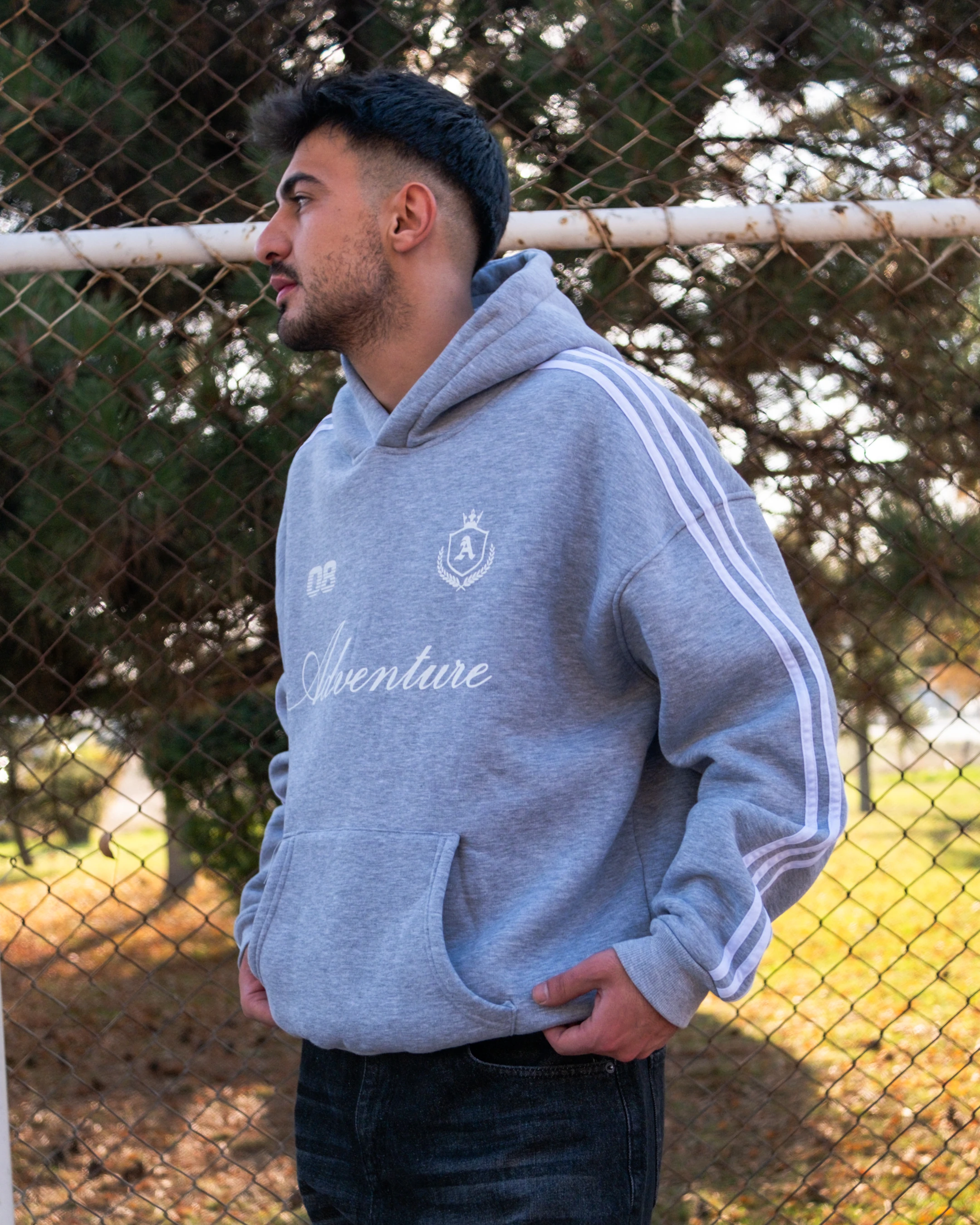 Adventure Printed Çizgili Oversized Hoodie Gri