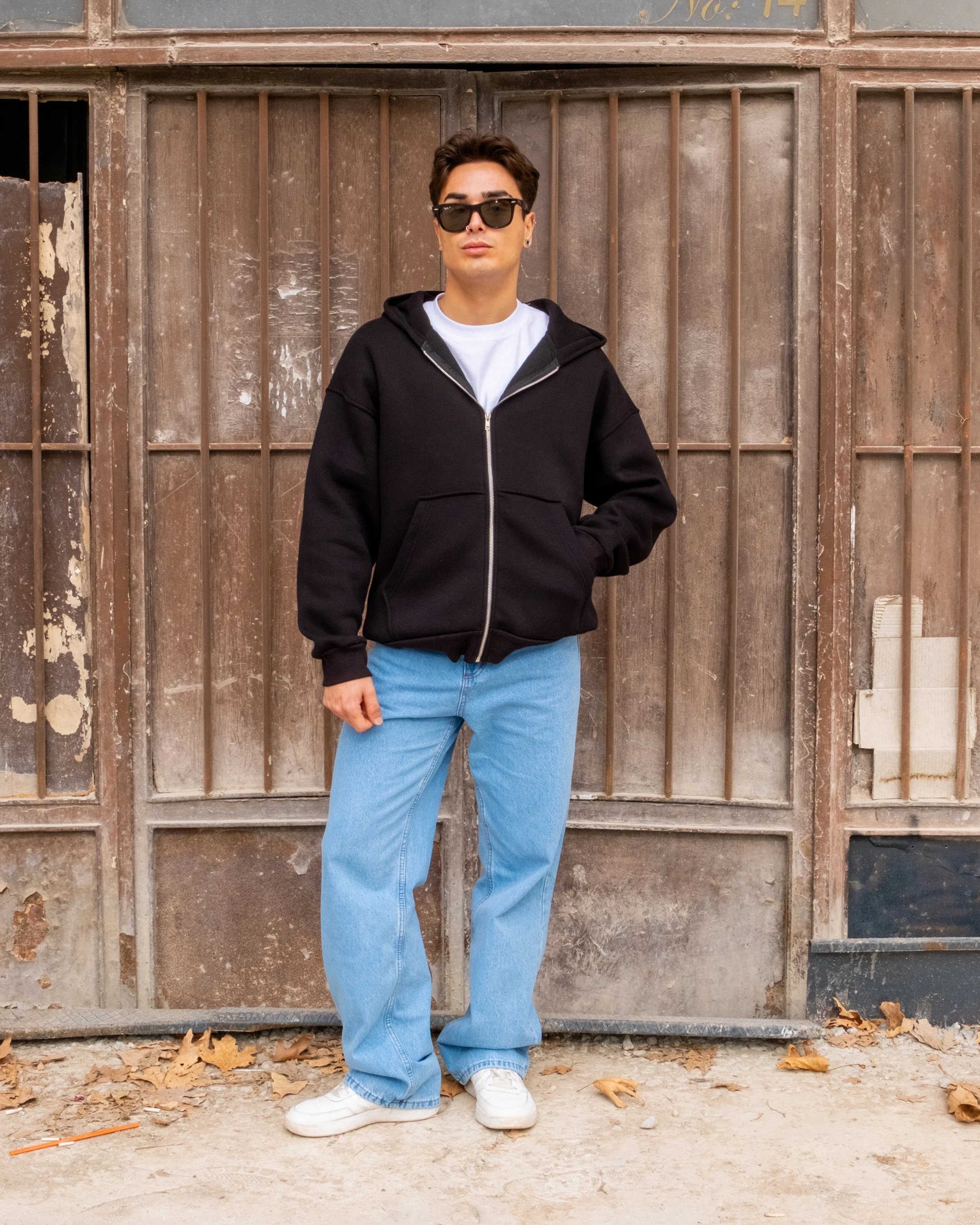 Siyah Basic Full Zip Oversize Hoodie