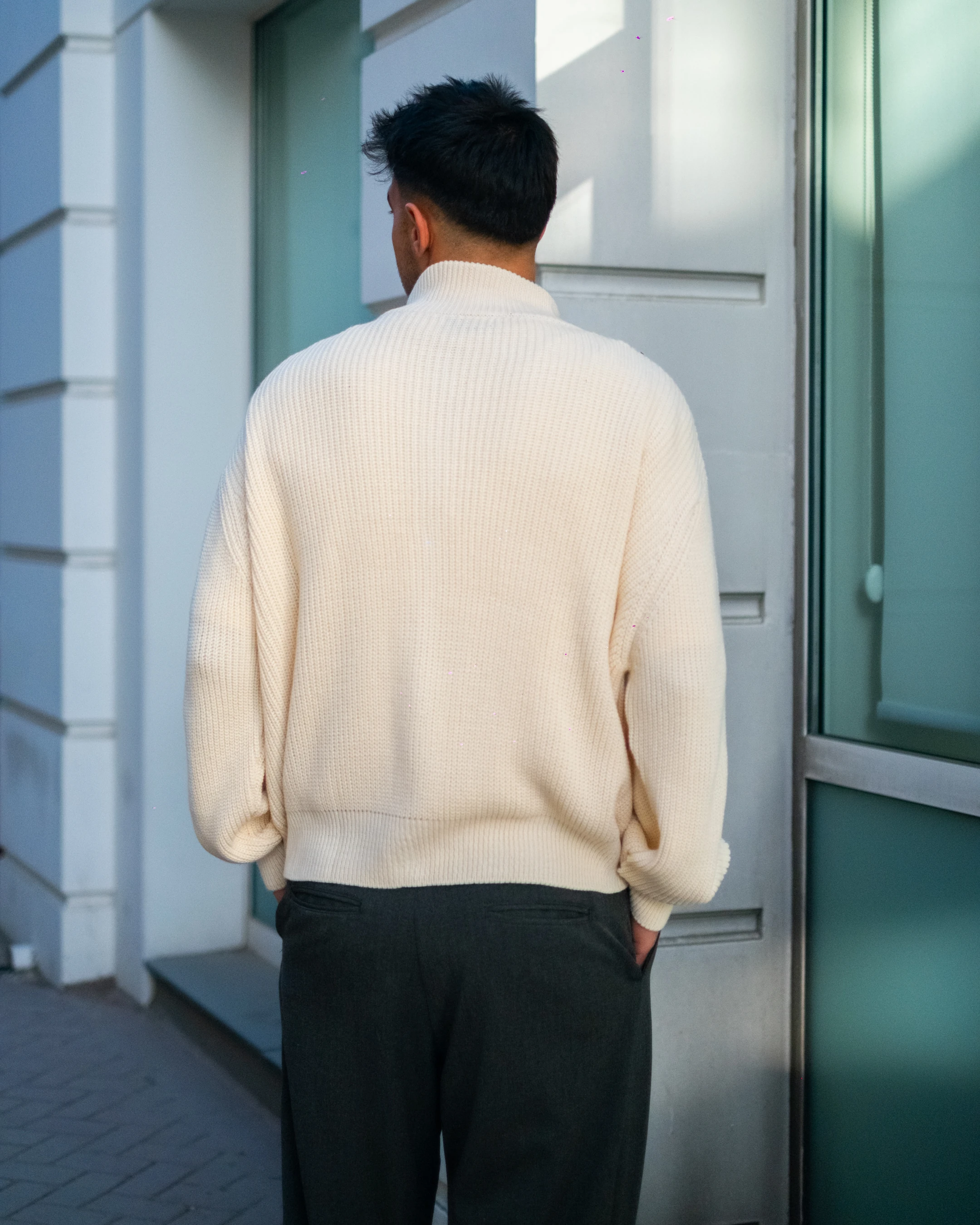 Krem Fermuarlı Oversize Triko