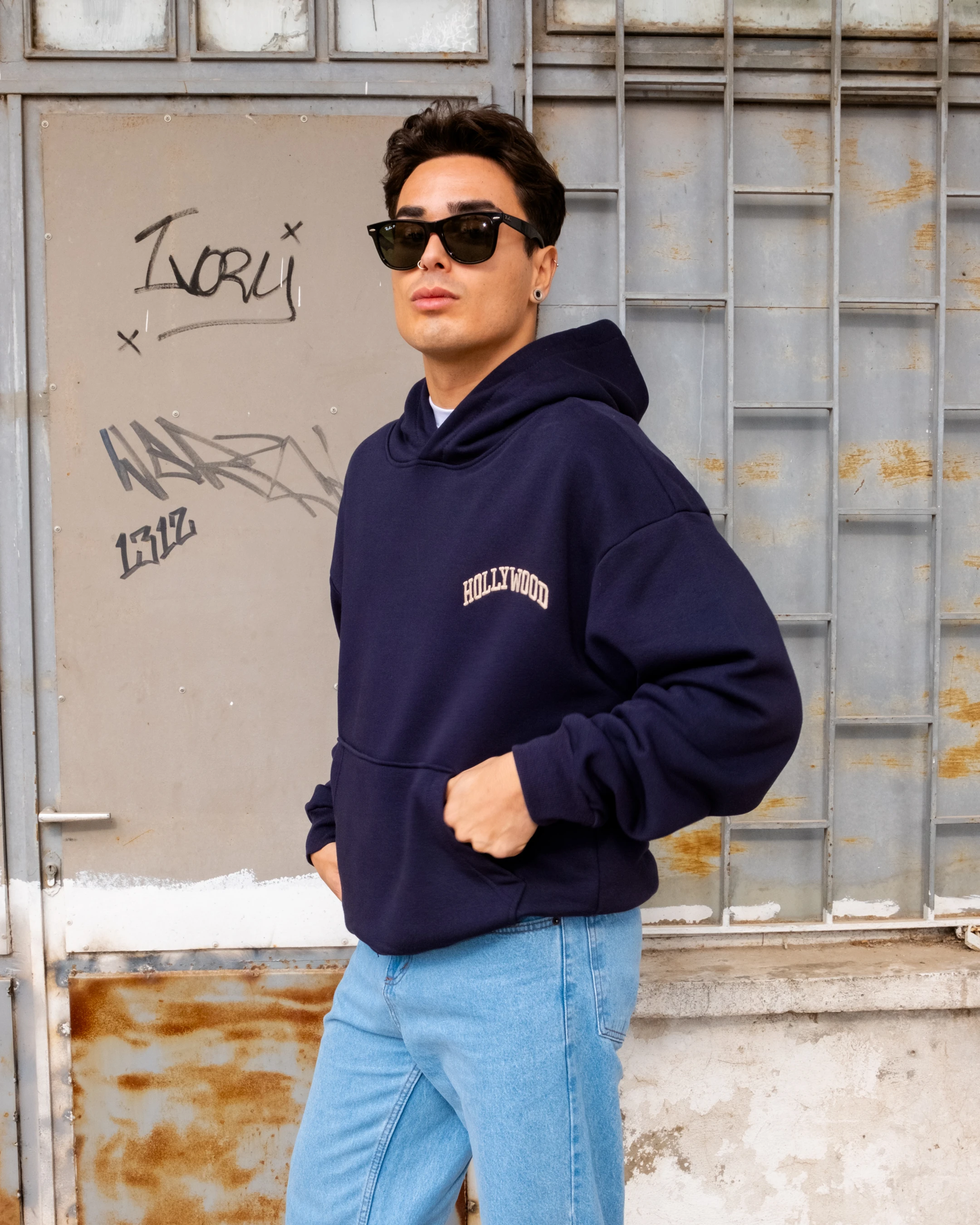 Hollywood Nakışlı Lacivert Boxy Oversize Hoodie