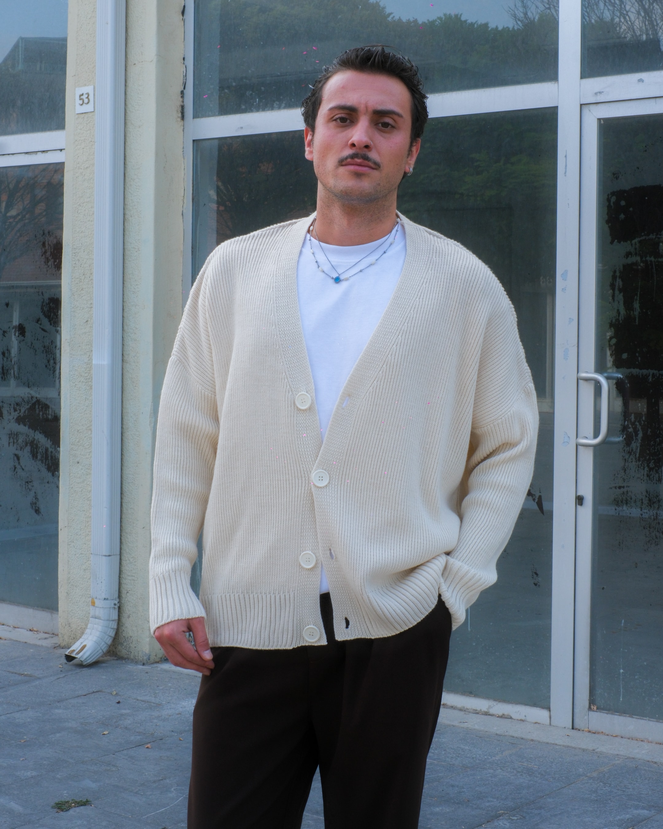 Krem Düğme Detay Oversize Triko Hırka