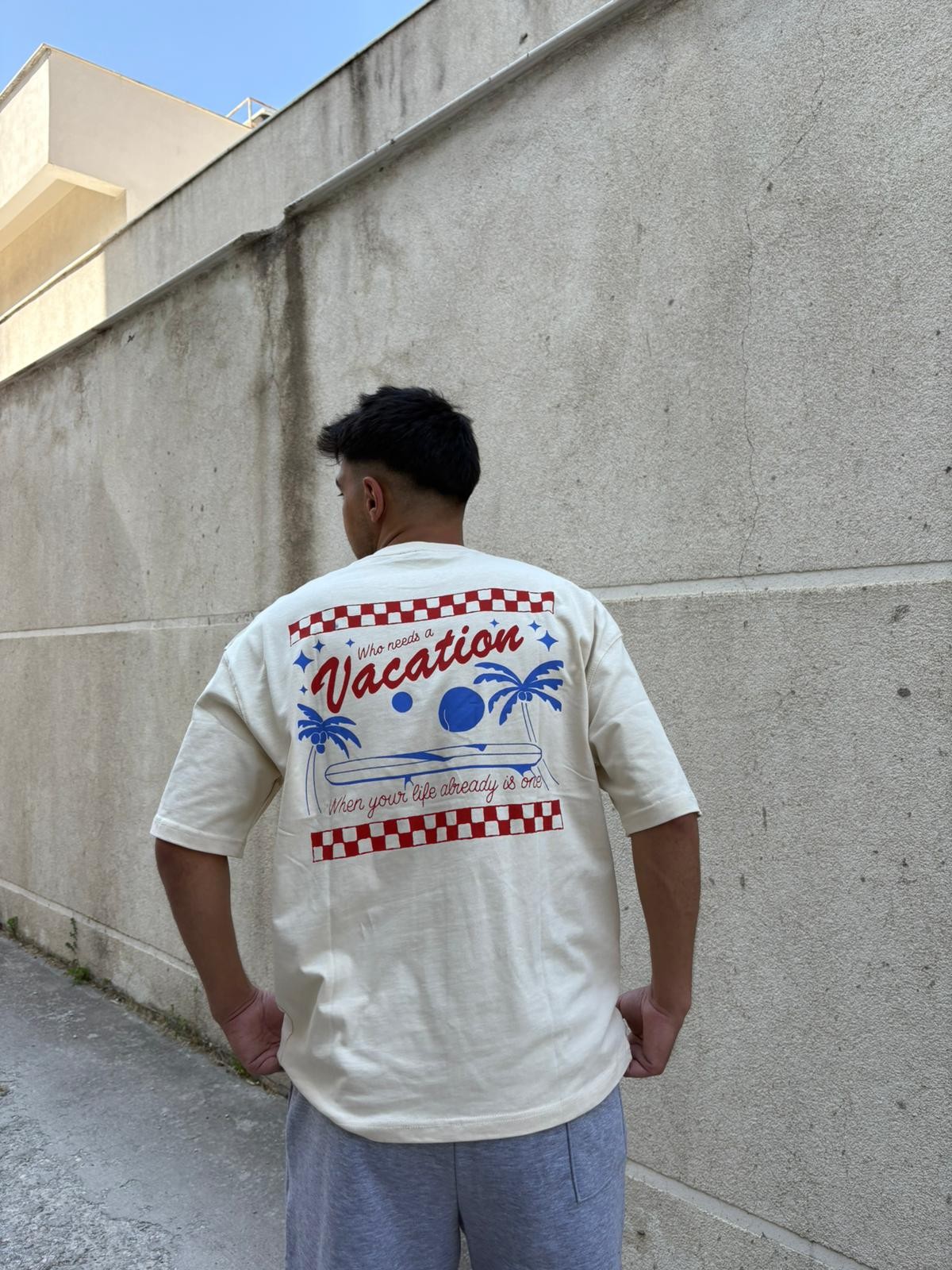 Vacation Printed Oversize T-Shirt - Krem 