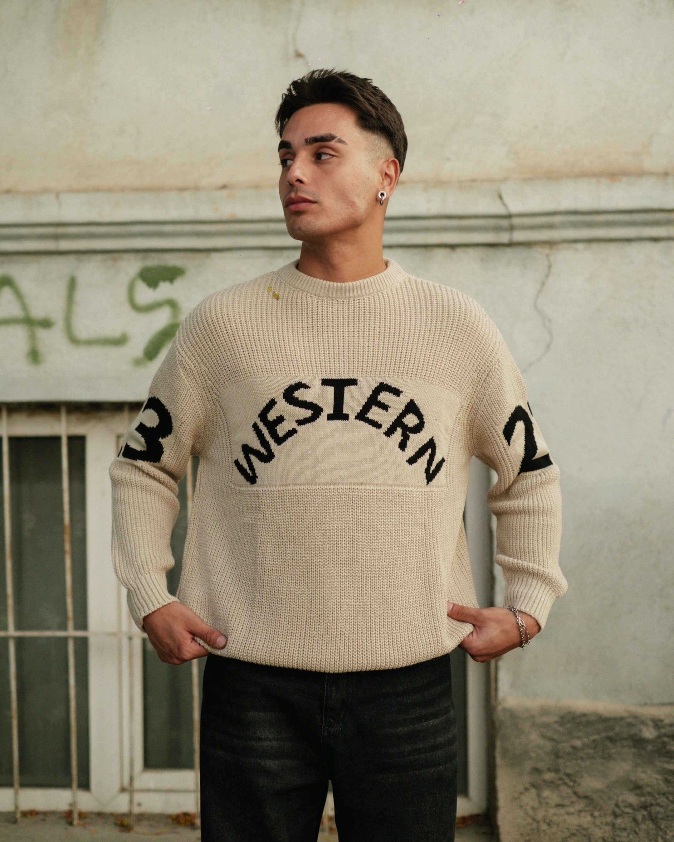 Western Nakışlı Premium Oversize Triko - Bej