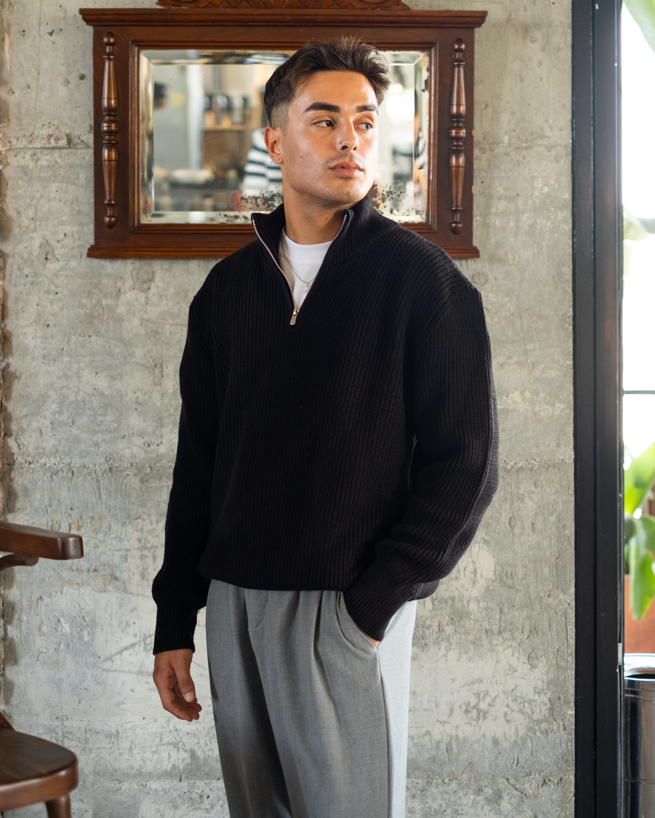 Siyah Half Zip Oversize Triko
