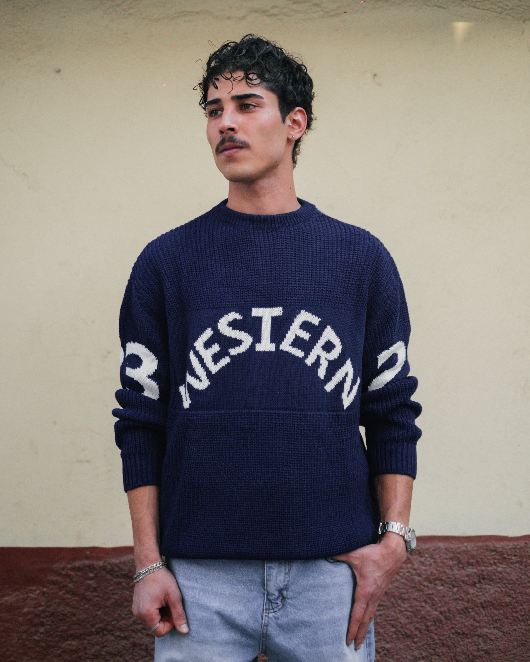 İndigo Western Nakışlı Oversize Triko