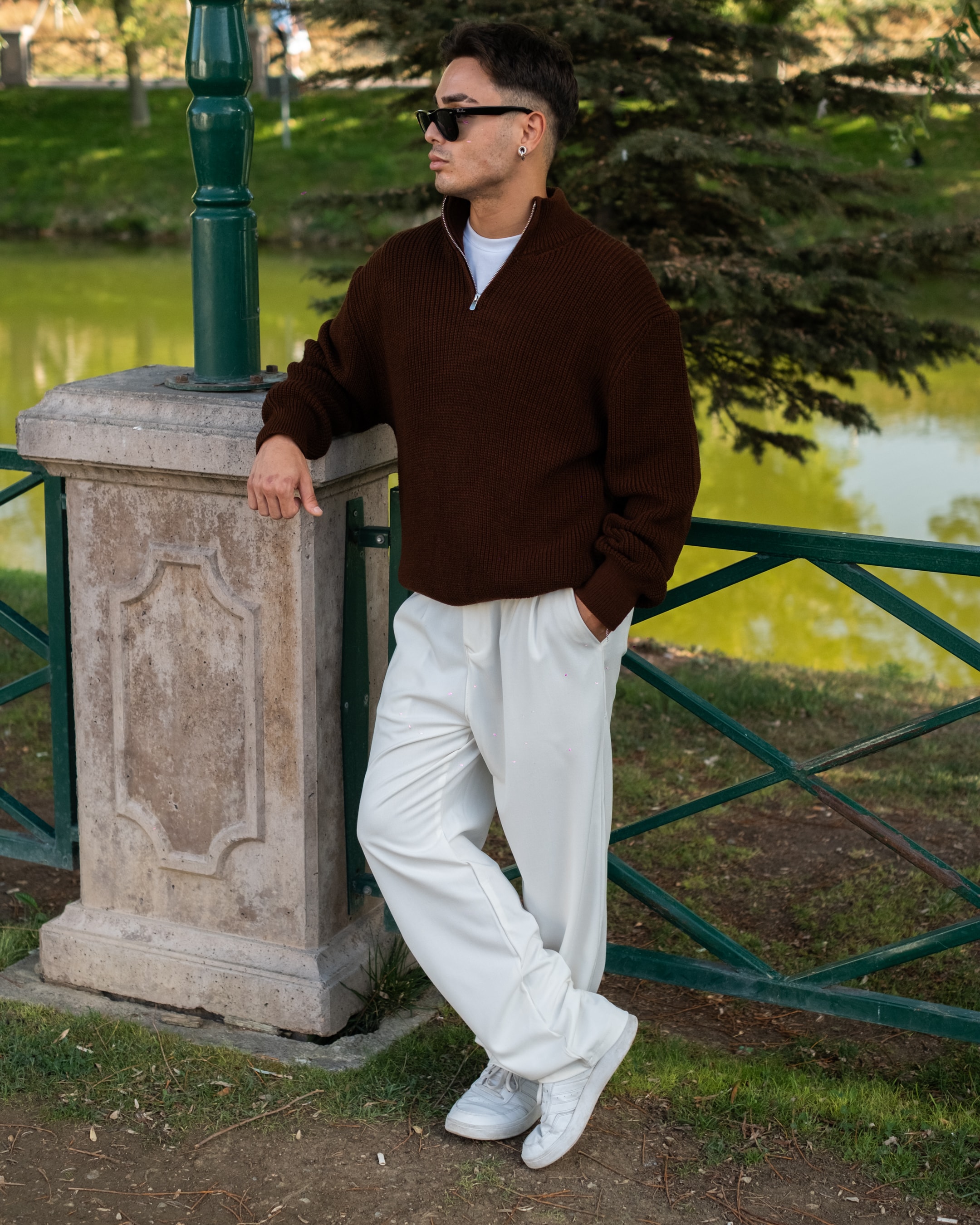 Kahve Half Zip Oversize Triko 