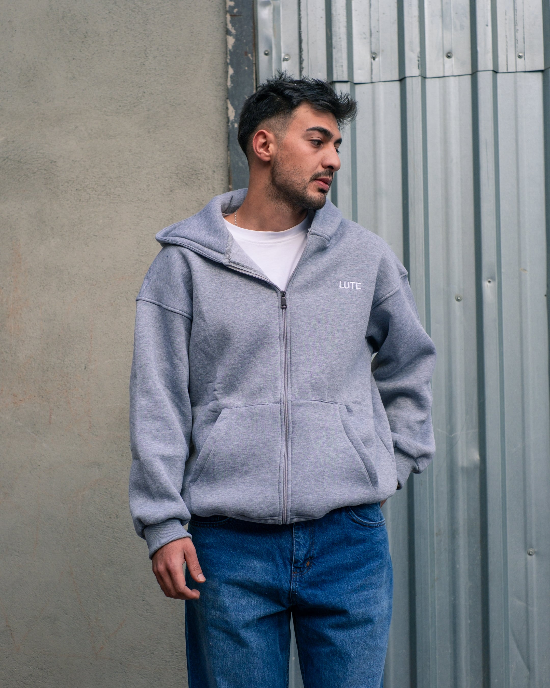 LUTE Gri Premium Oversize Zip Hoodie