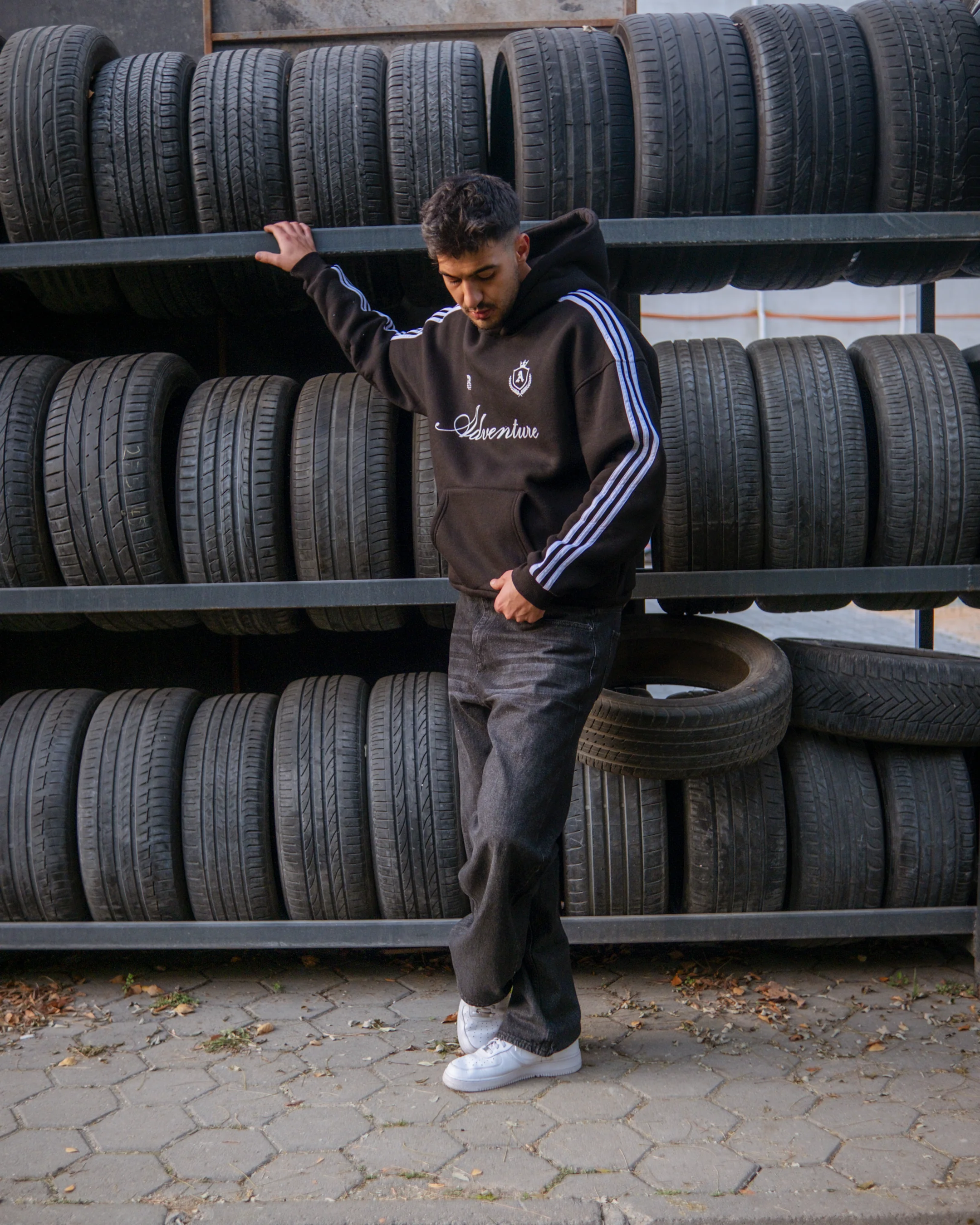 Adventure Çizgili Oversize Hoodie Siyah