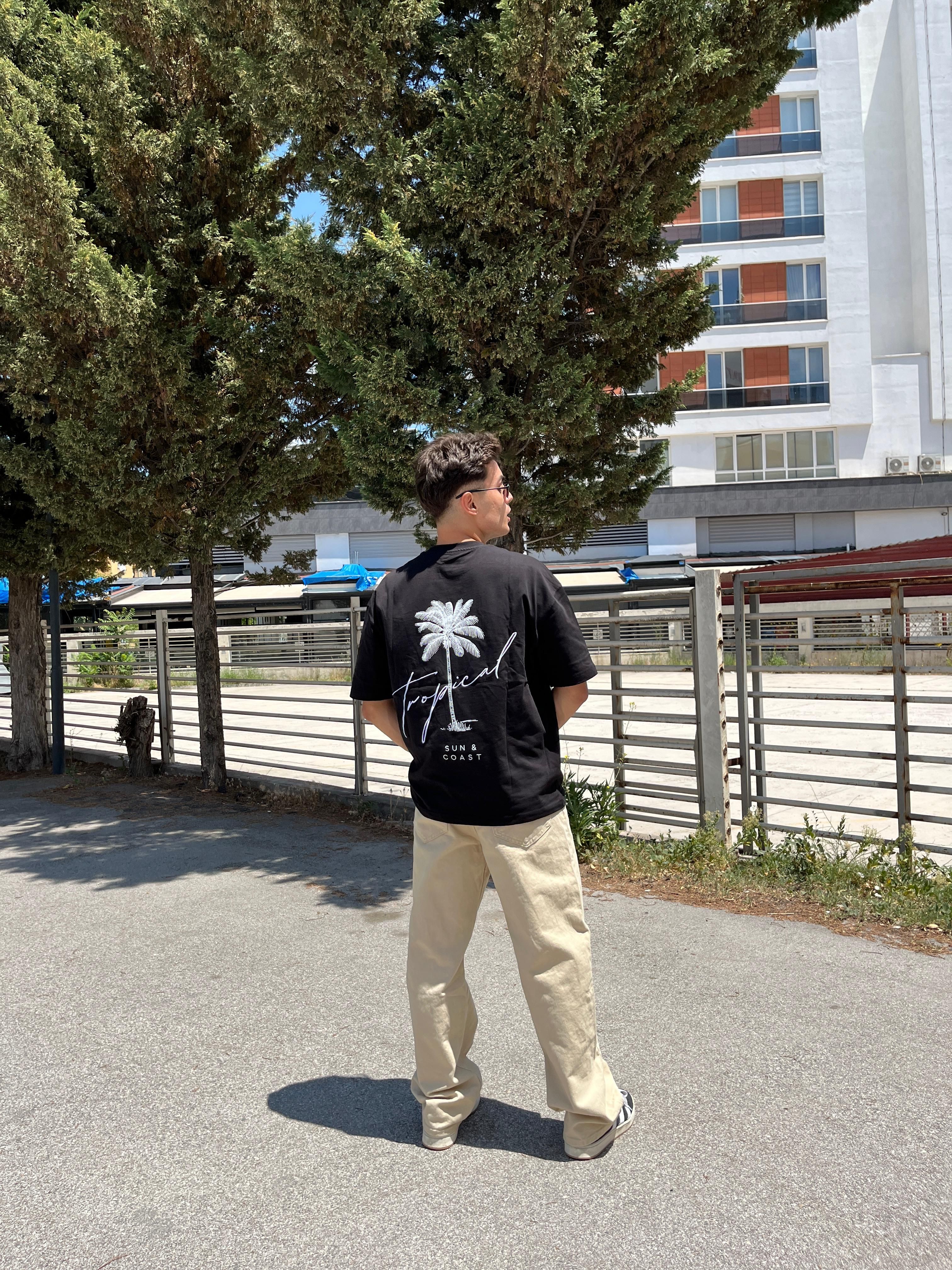 Tropical Printed Oversize Unisex T-Shirt - siyah