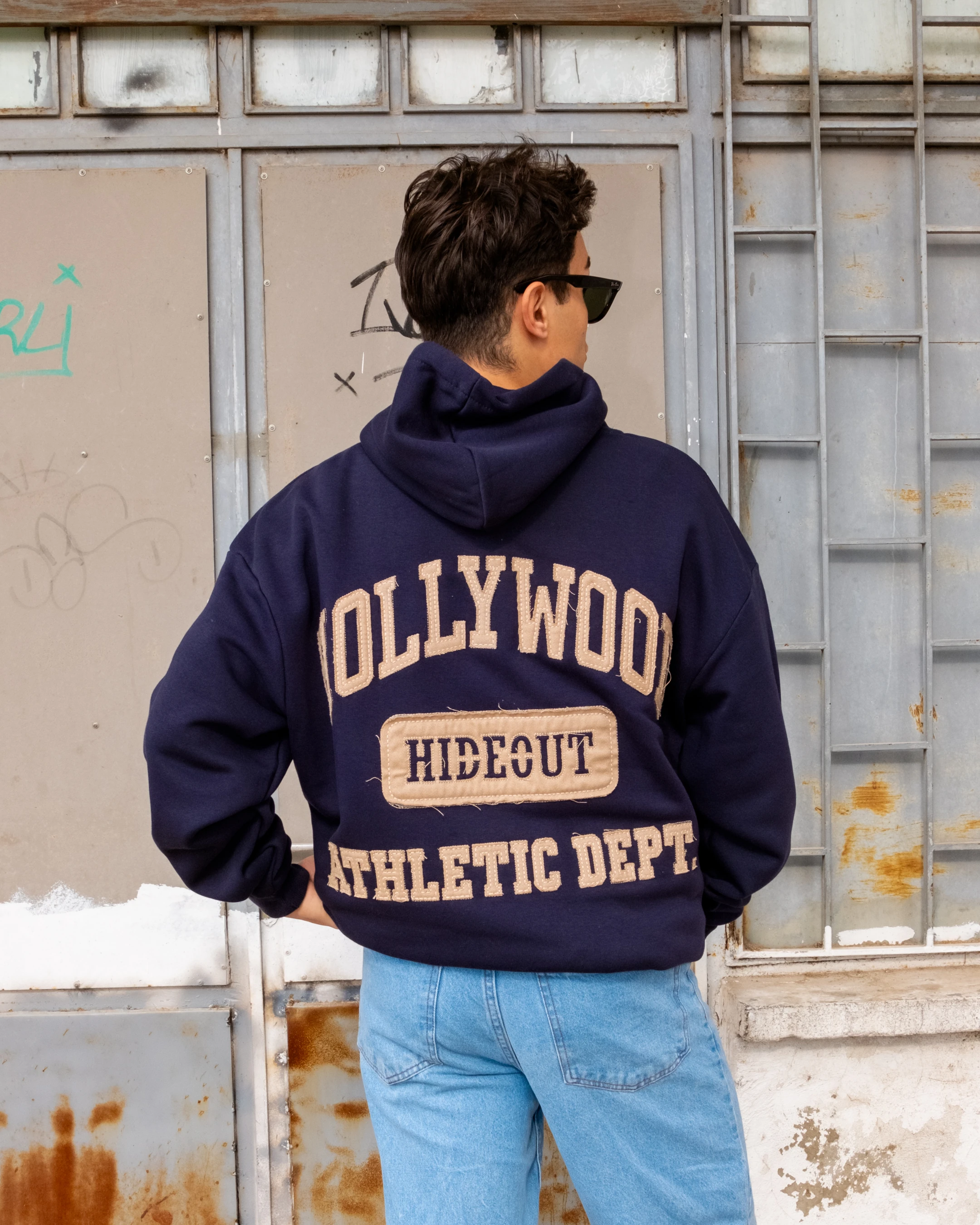 Hollywood Nakışlı Lacivert Boxy Oversize Hoodie