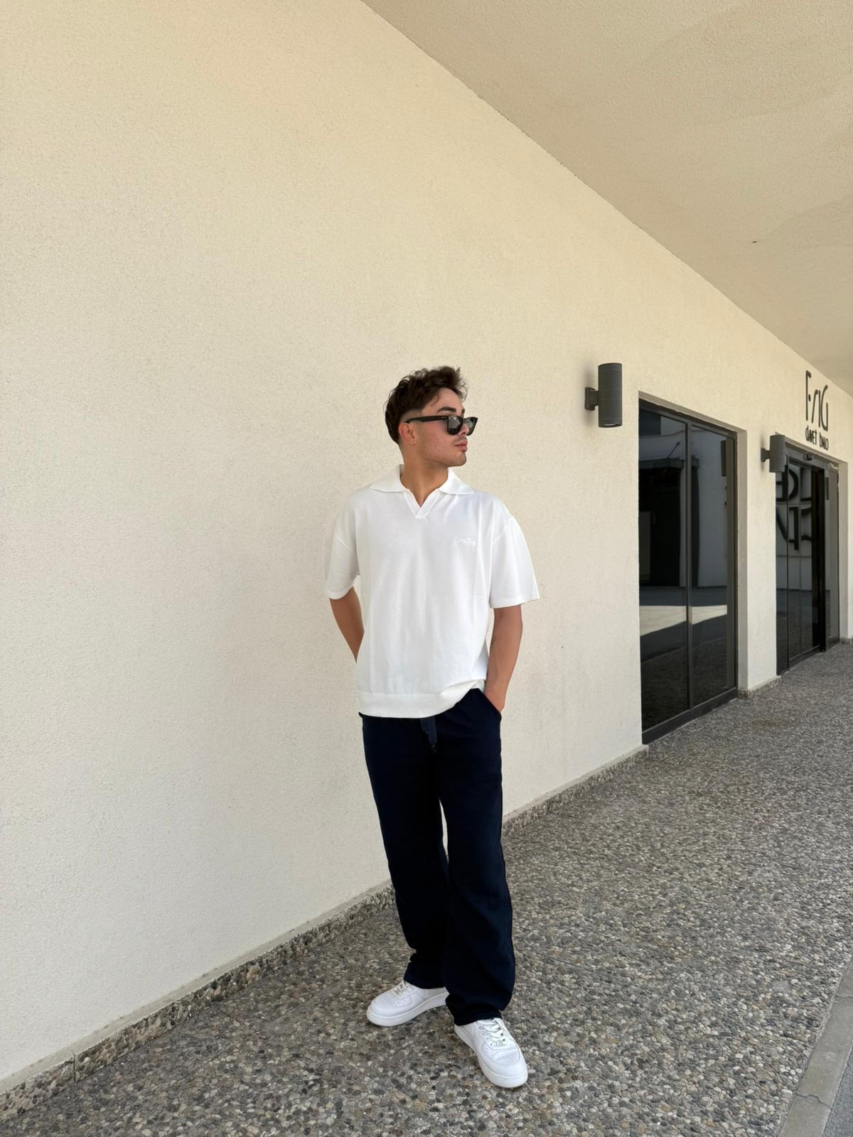 Oversize Patlı Polo Yaka Tişört - Beyaz