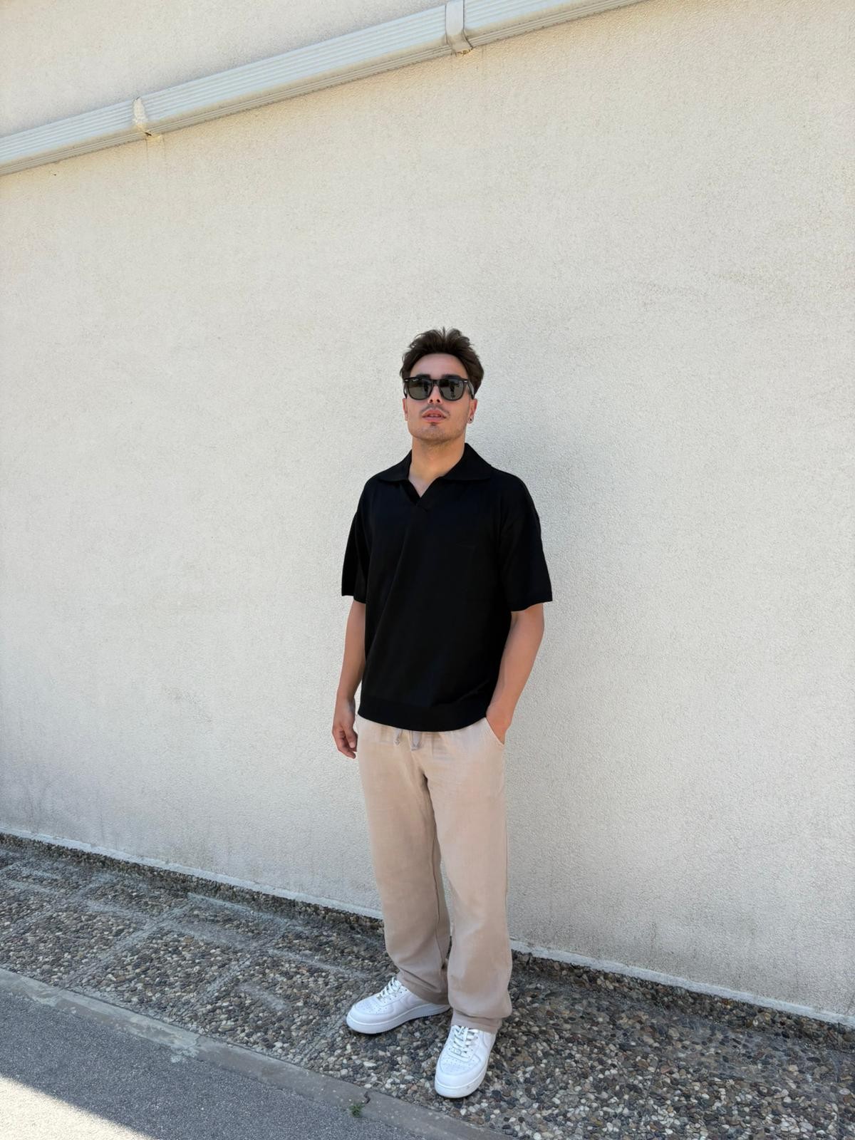 Oversize Patlı Polo Yaka Tişört - Siyah