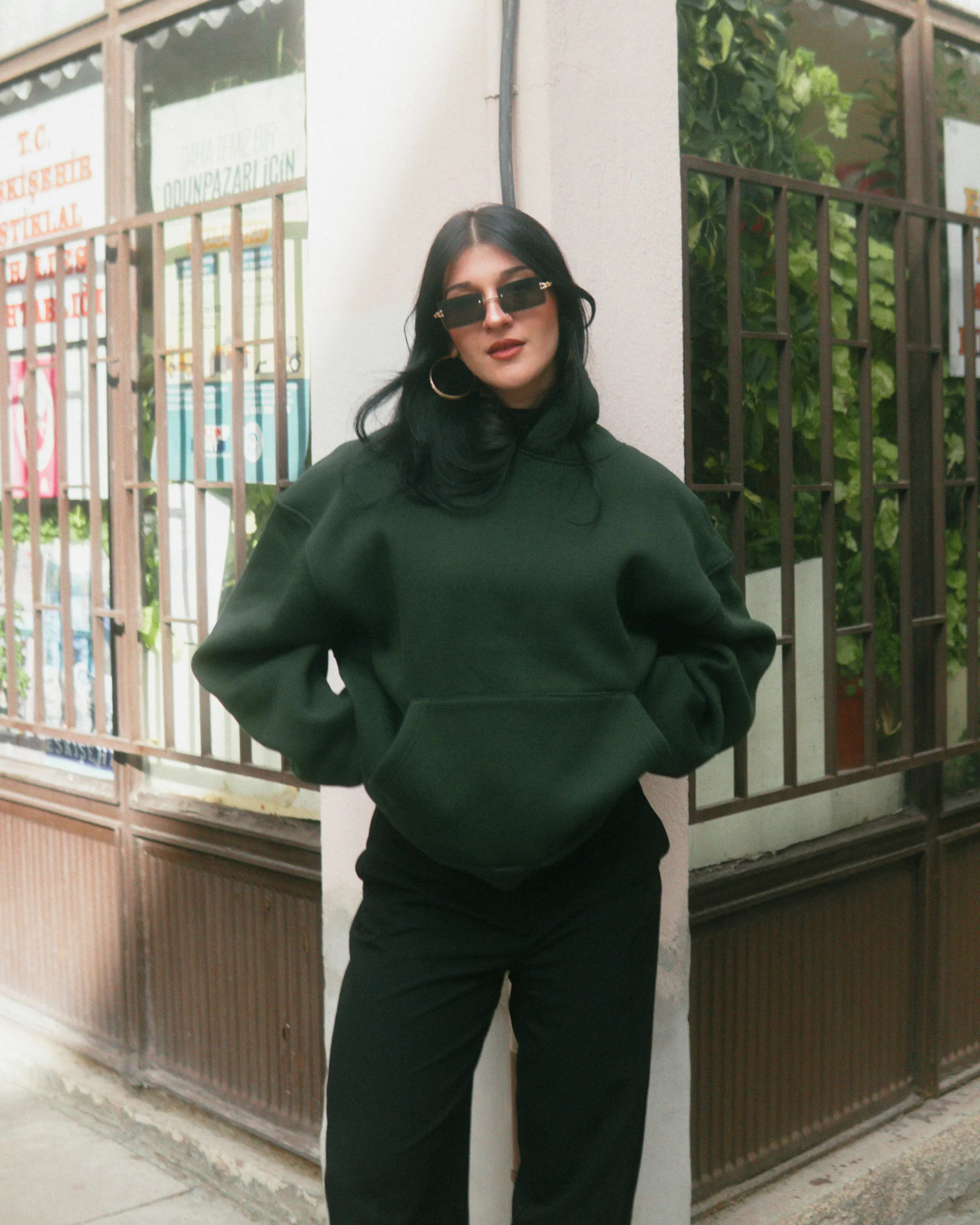 Basic Oversize Hoodie Koyu Yeşil
