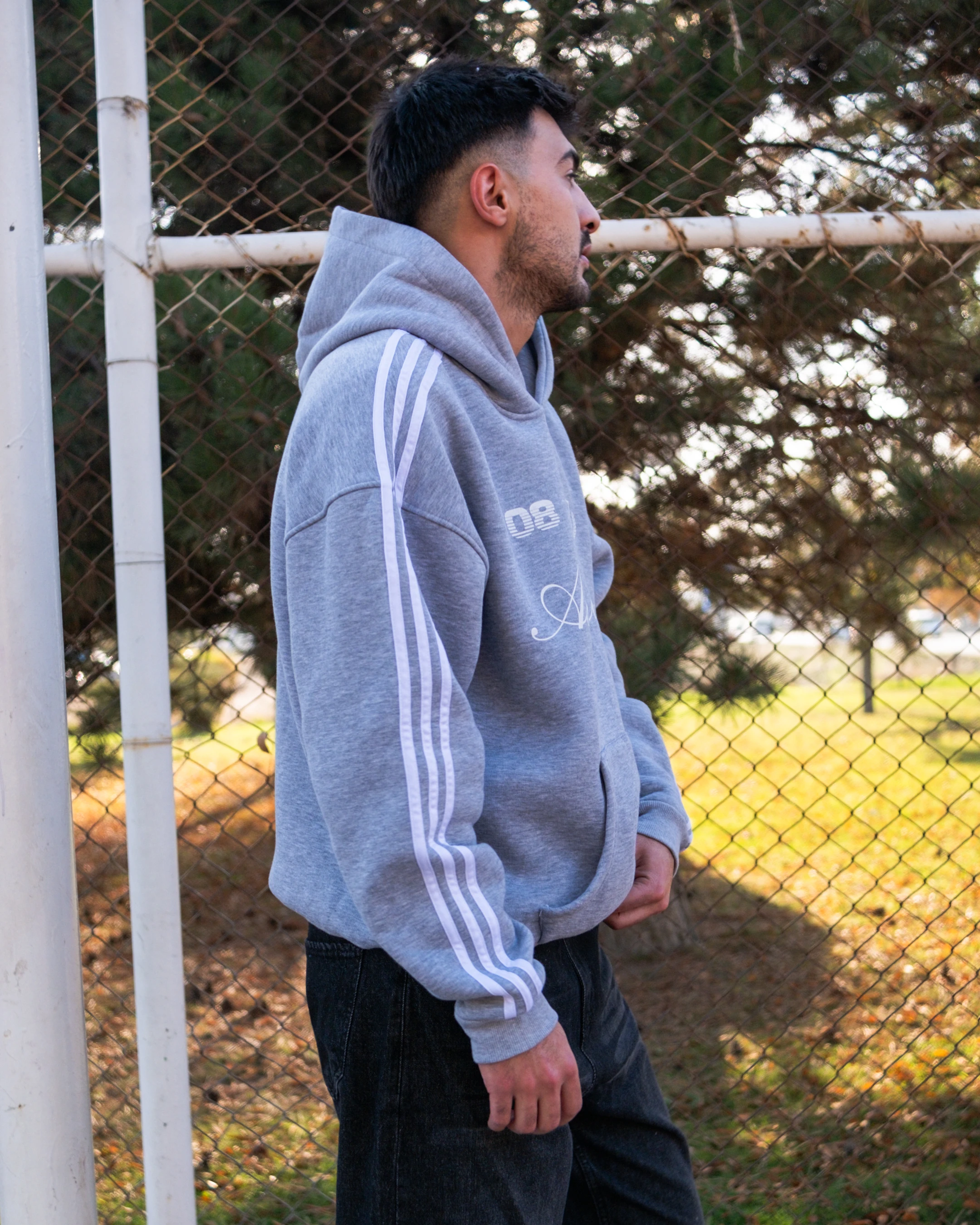 Adventure Printed Çizgili Oversized Hoodie Gri