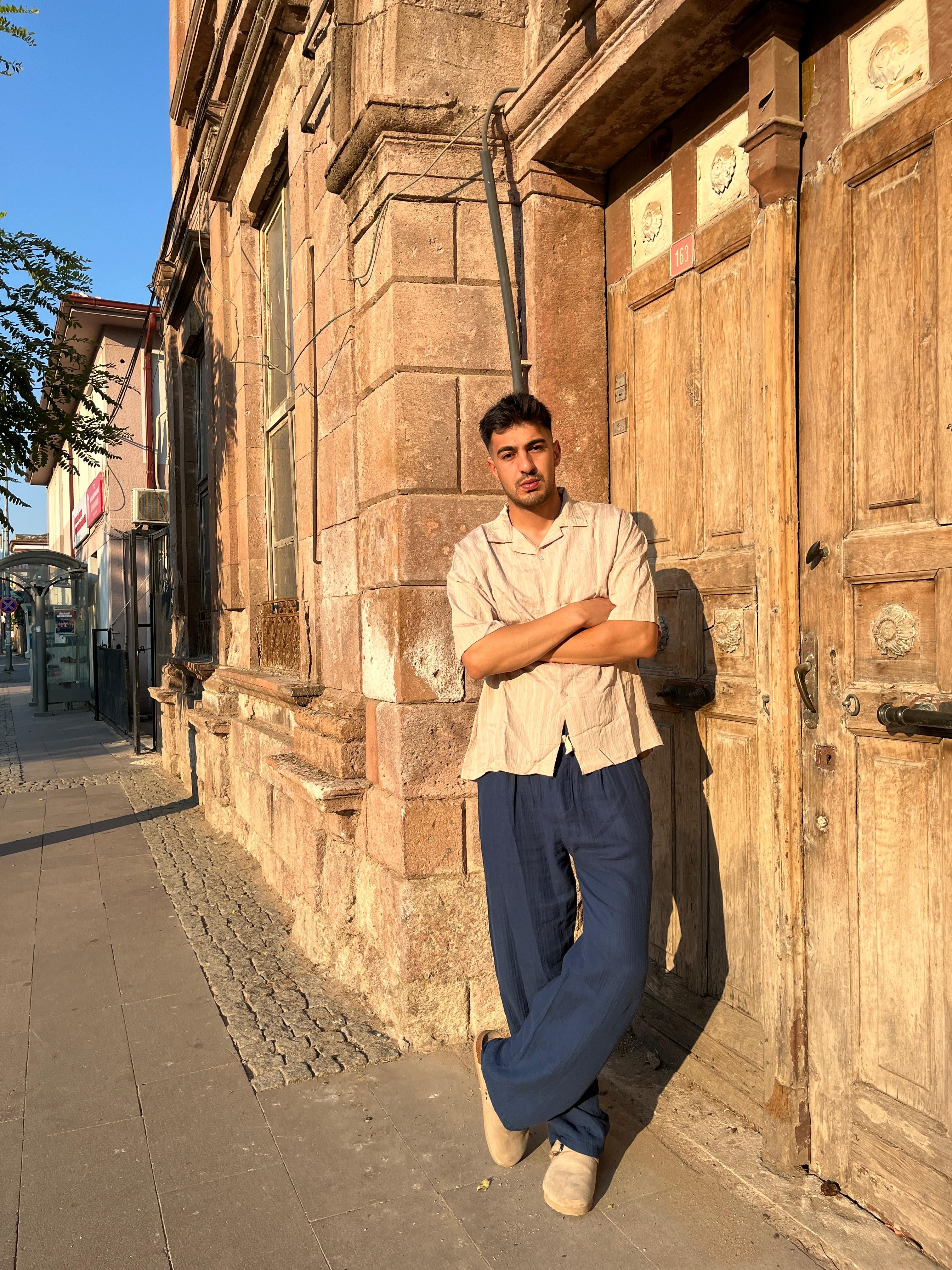 Bej Kısa Kollu Çizgili Oversize Gömlek