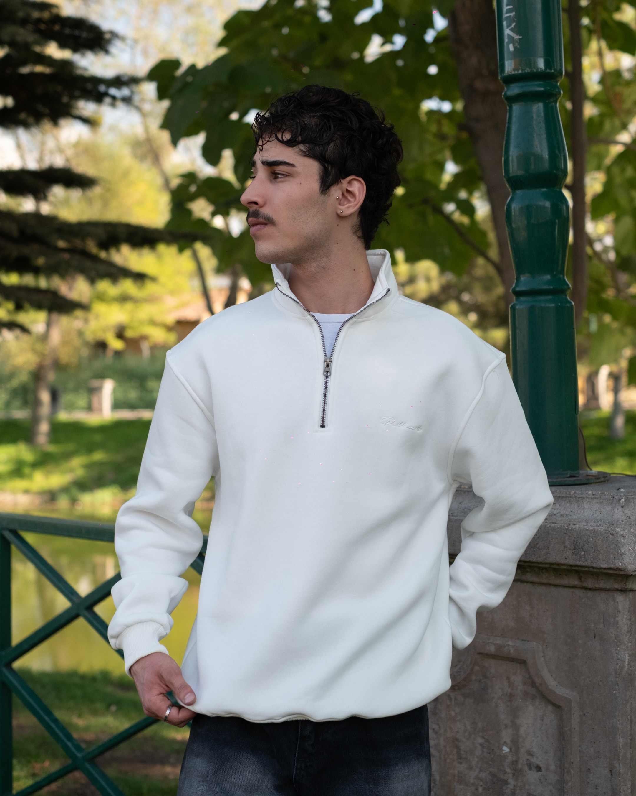 Half Zip Oversize Sweatshirt - Beyaz