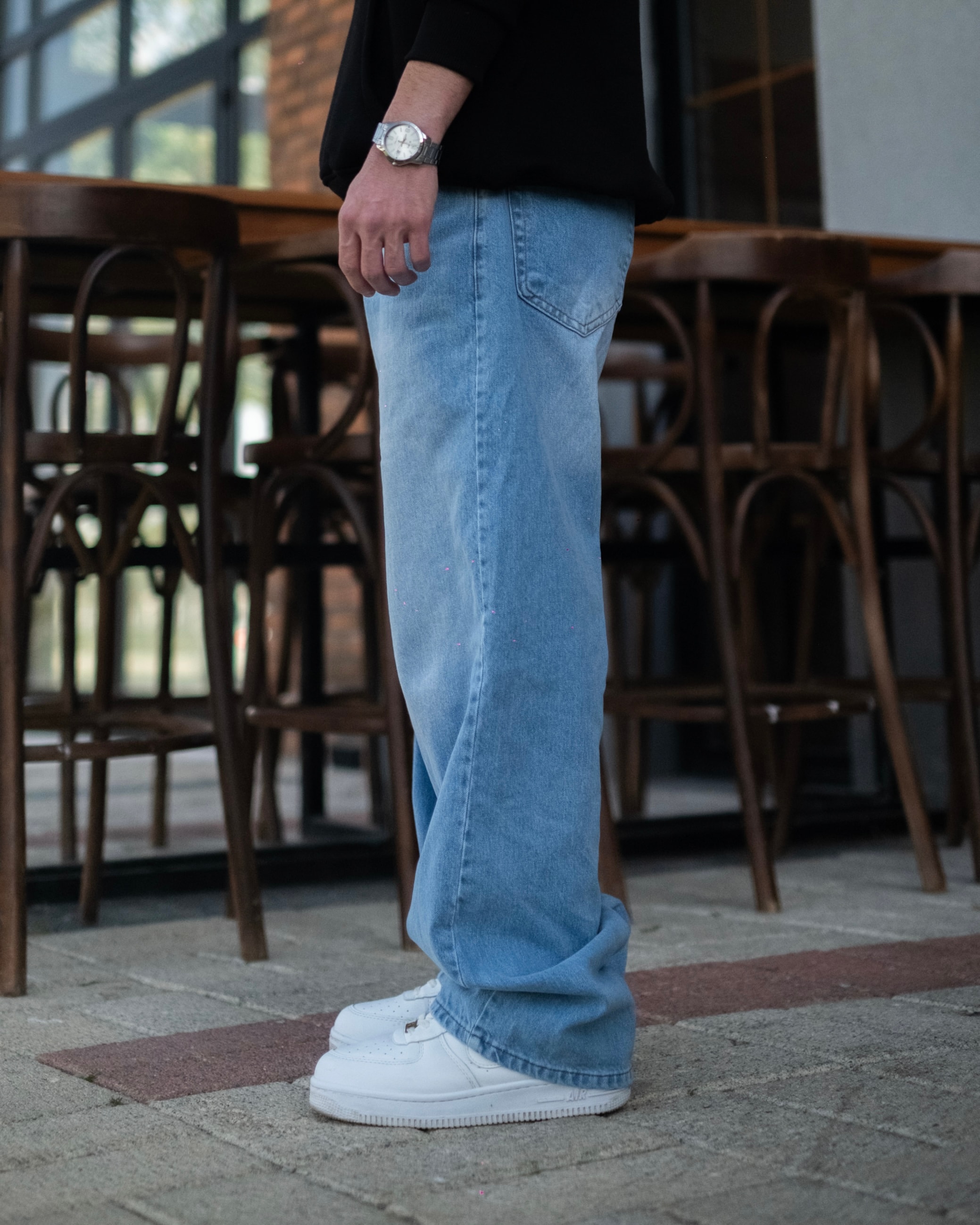 Blue Baggy Jeans With White Wash