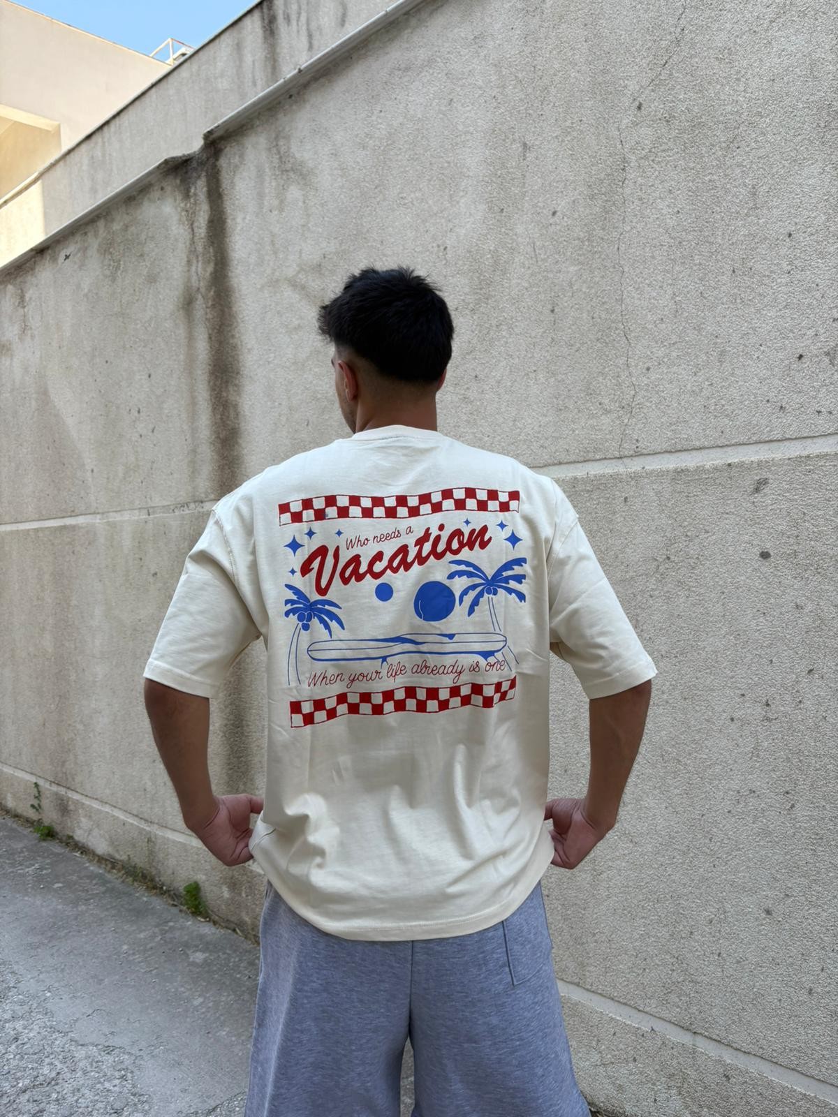 Vacation Printed Oversize T-Shirt - Krem 