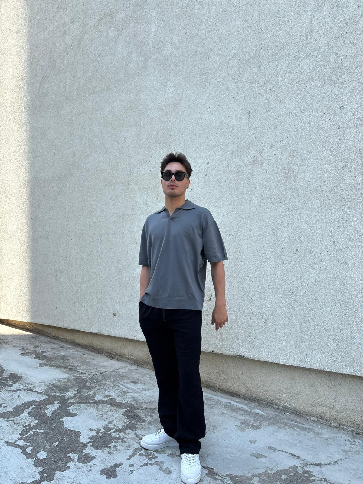 Oversize Patlı Polo Yaka Triko - Koyu Gri
