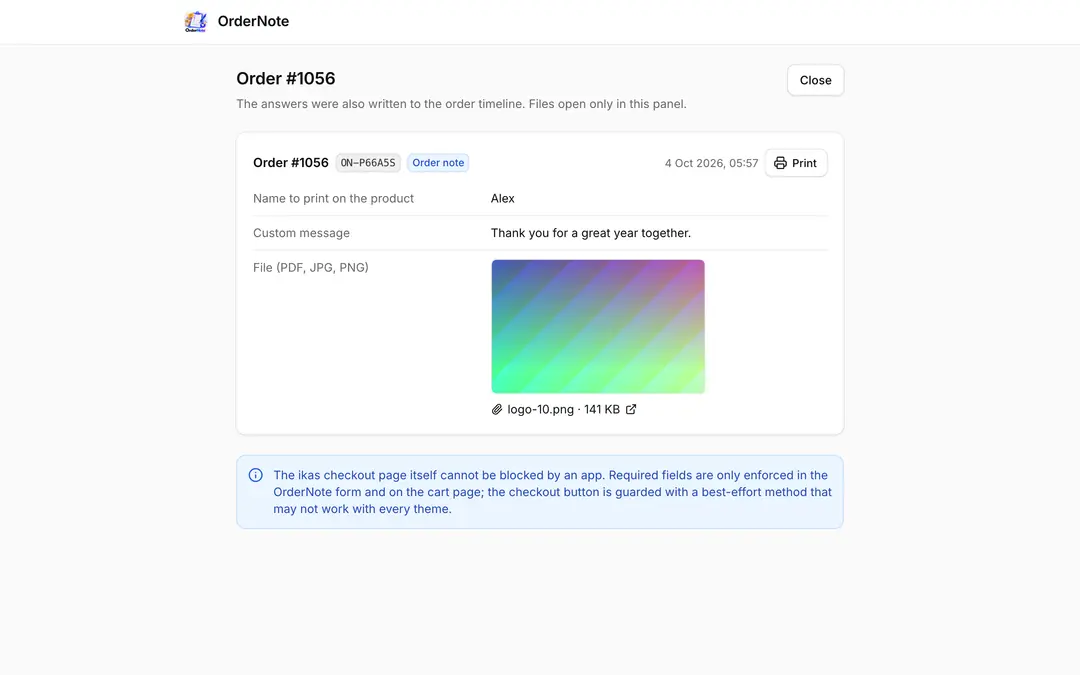 OrderNote order action: the answers and file of an order