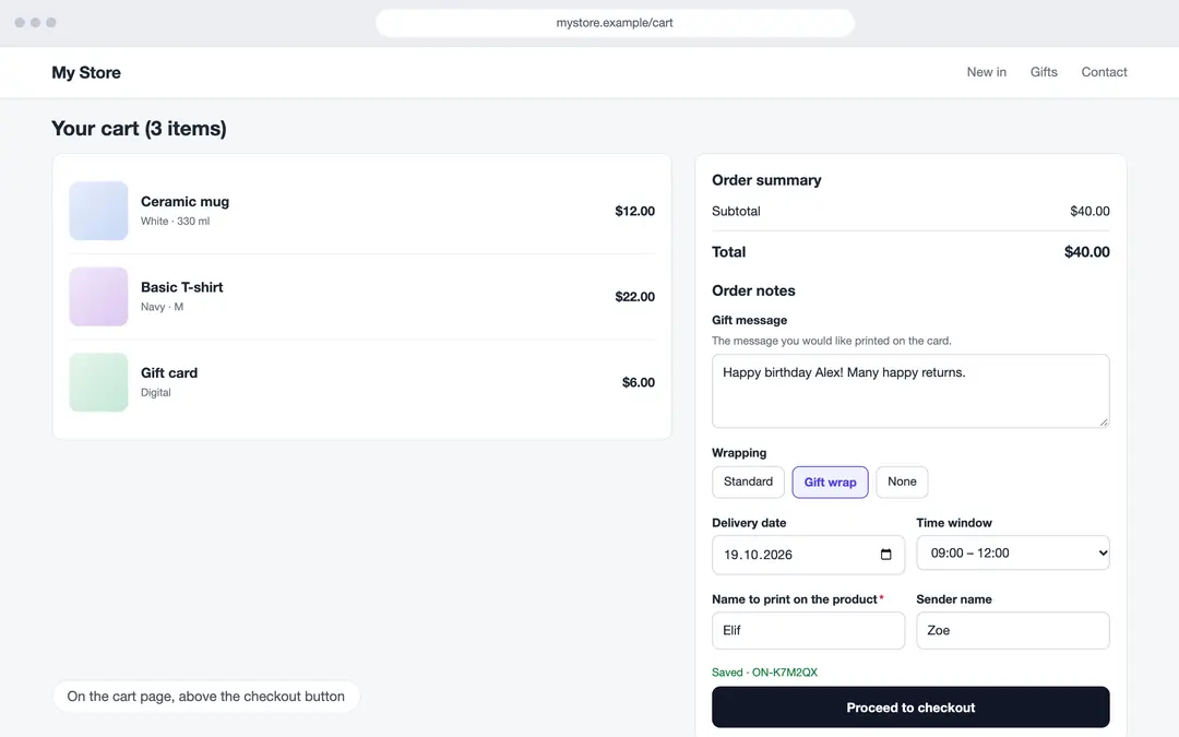 OrderNote: order note fields on the cart page