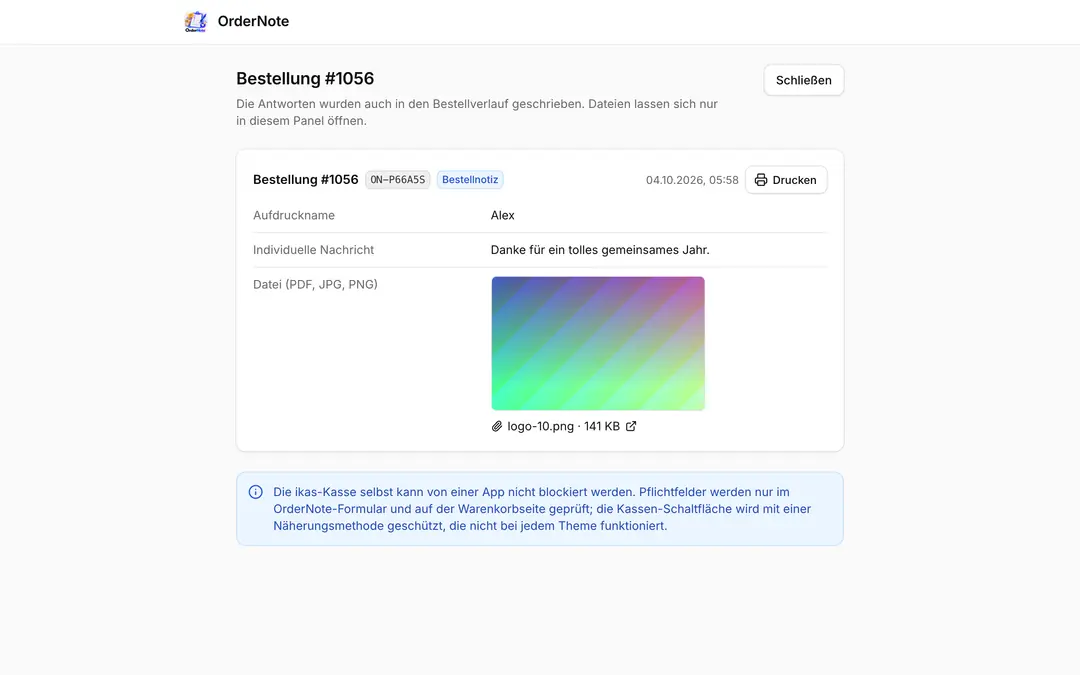 OrderNote-Bestellaktion: Antworten und Datei einer Bestellung