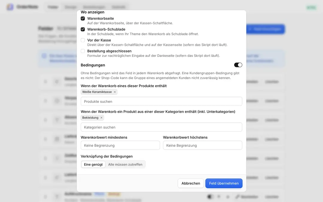 OrderNote-Feldeditor: Produkt- und Kategoriebedingungen