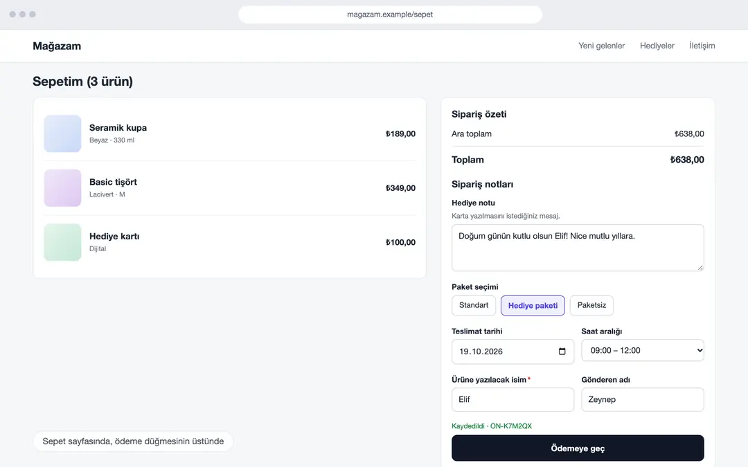 OrderNote: sepet sayfasında sipariş notu alanları