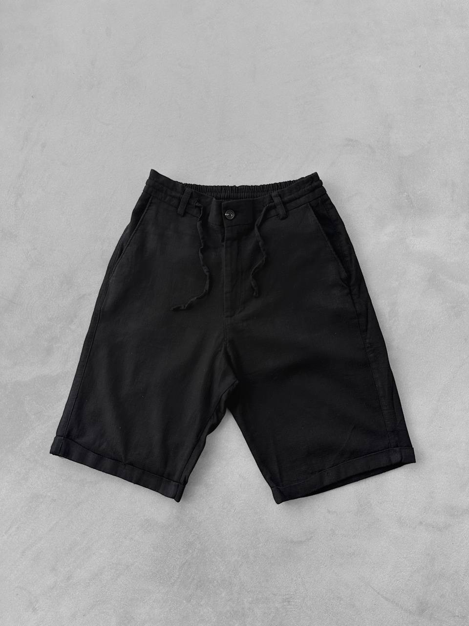 Bağcıklı Gabardin Keten Şort - Siyah