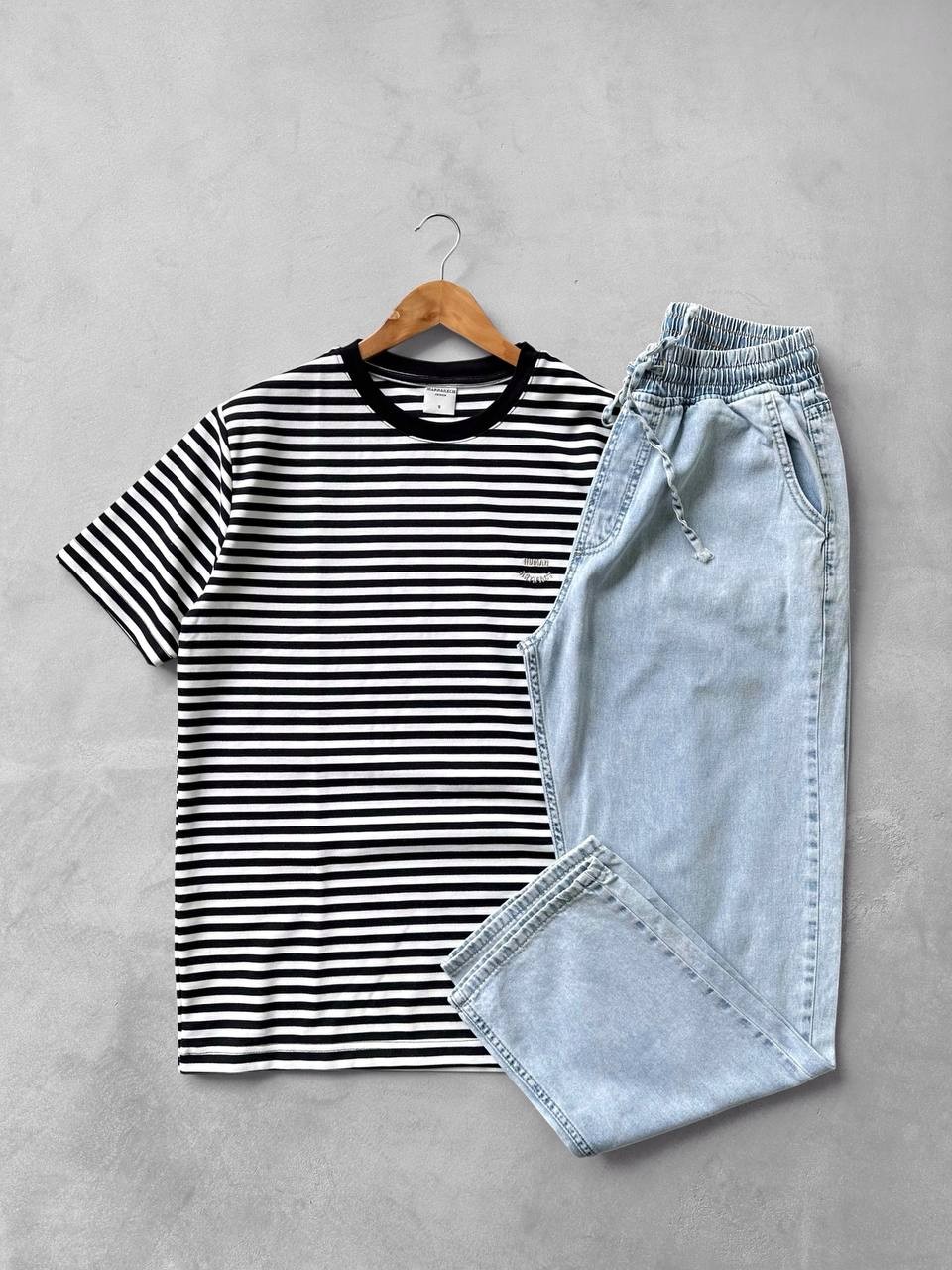 Bisiklet Yaka Oversize Human Tişört & Bağcıklı Kot Gabardin Baggy Pantolon - Siyah